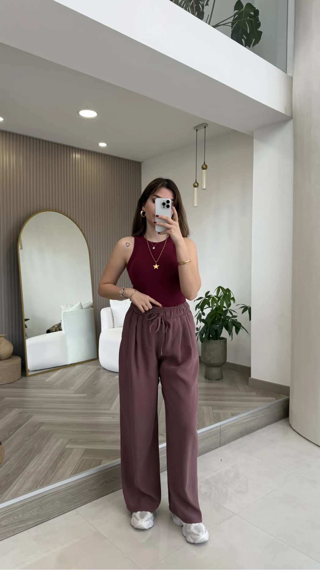 Menessa Bol Paça Beli Lastikli Pantolon - Gül Kurusu - Kod: 3720