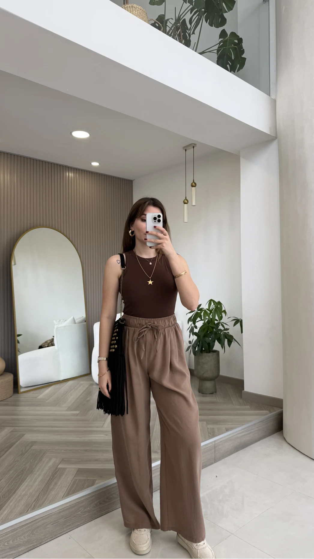 Menessa Bol Paça Beli Lastikli Pantolon - Vizon - Kod: 3720