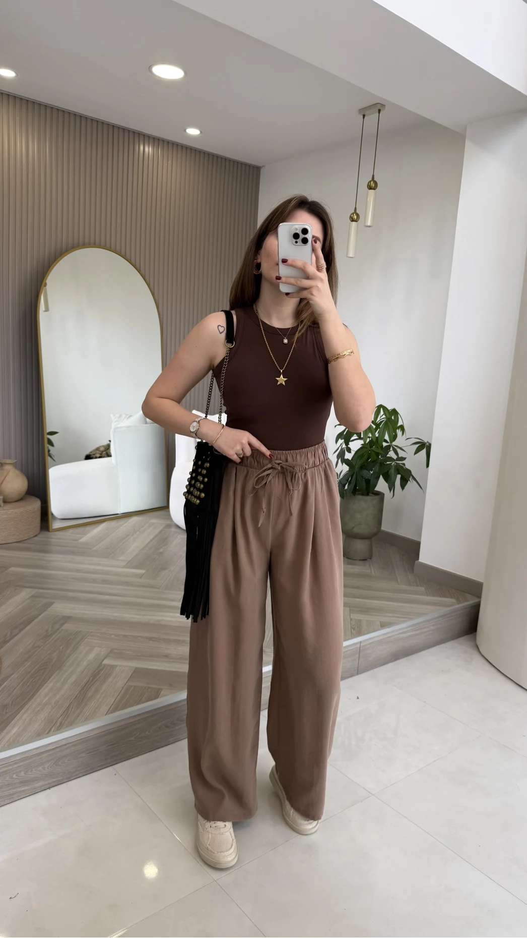 Menessa Bol Paça Beli Lastikli Pantolon - Vizon - Kod: 3720