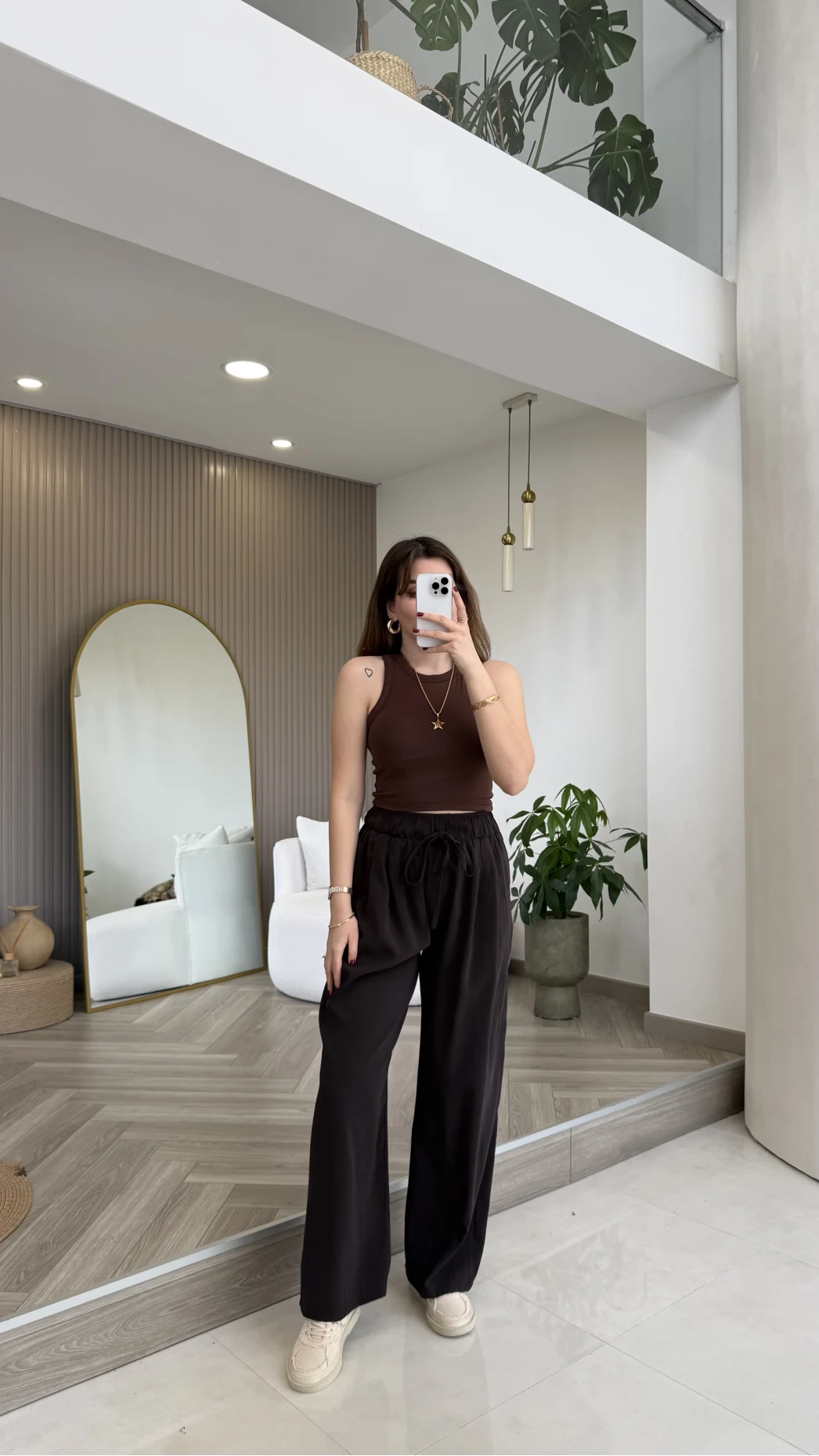 Menessa Bol Paça Beli Lastikli Pantolon - Acı Kahve - Kod: 3720