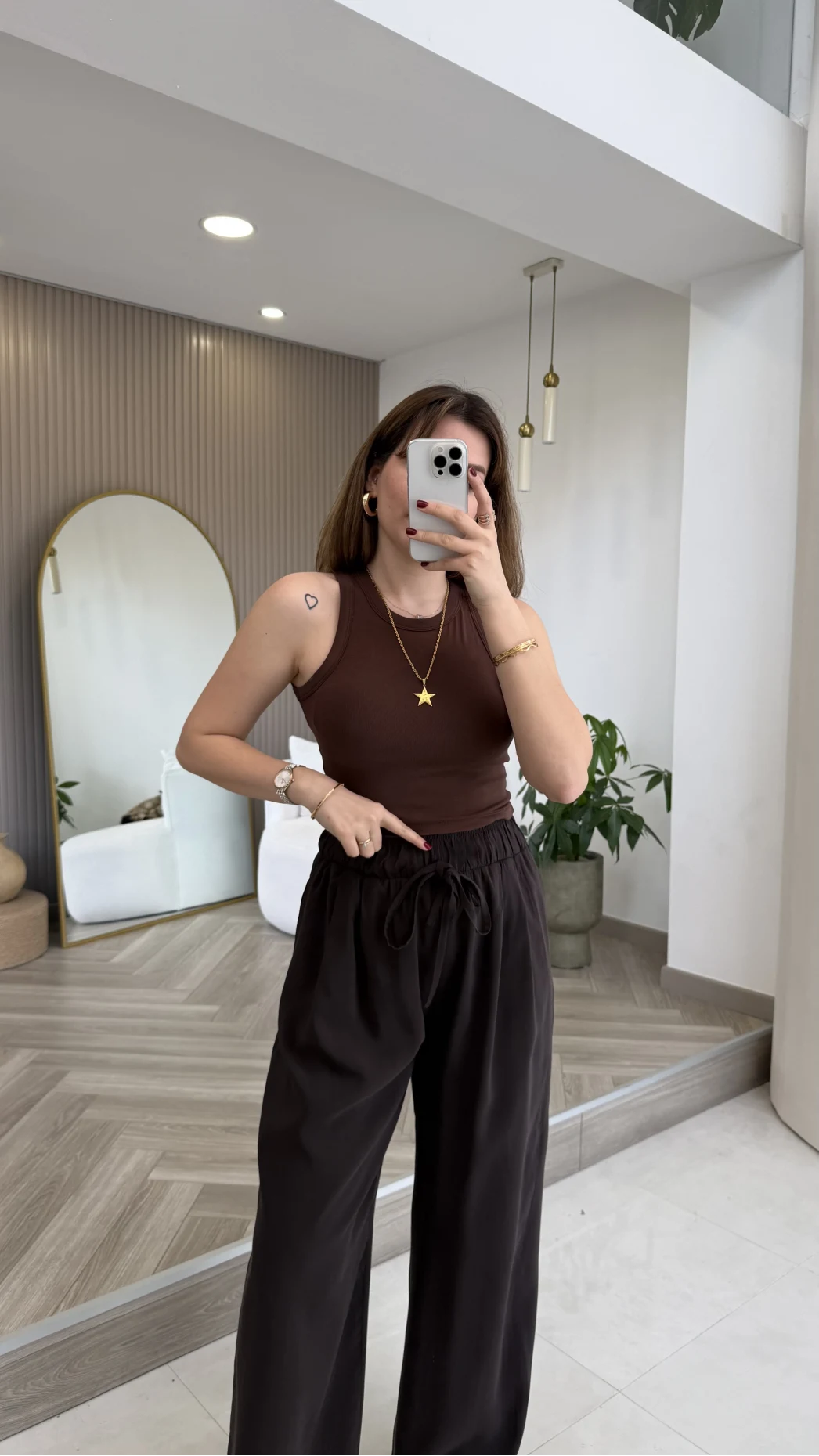 Menessa Bol Paça Beli Lastikli Pantolon - Acı Kahve - Kod: 3720