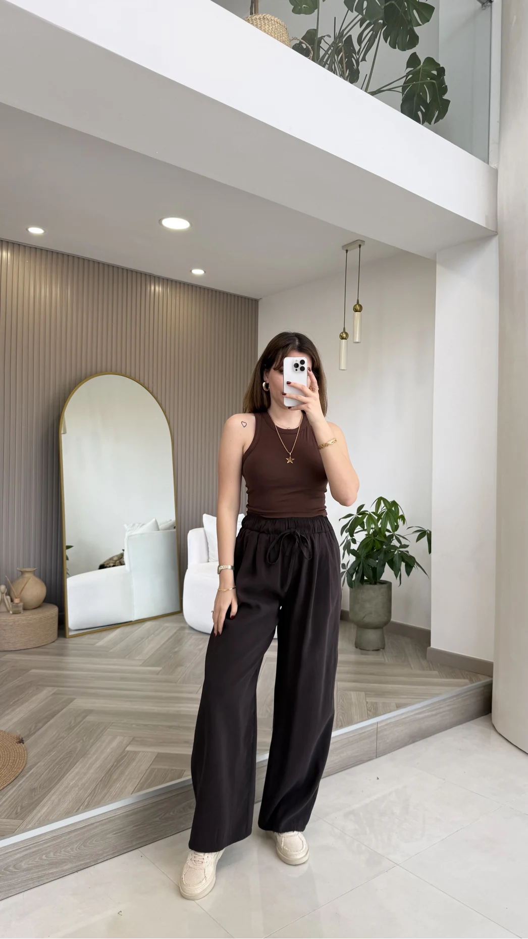 Menessa Bol Paça Beli Lastikli Pantolon - Acı Kahve - Kod: 3720