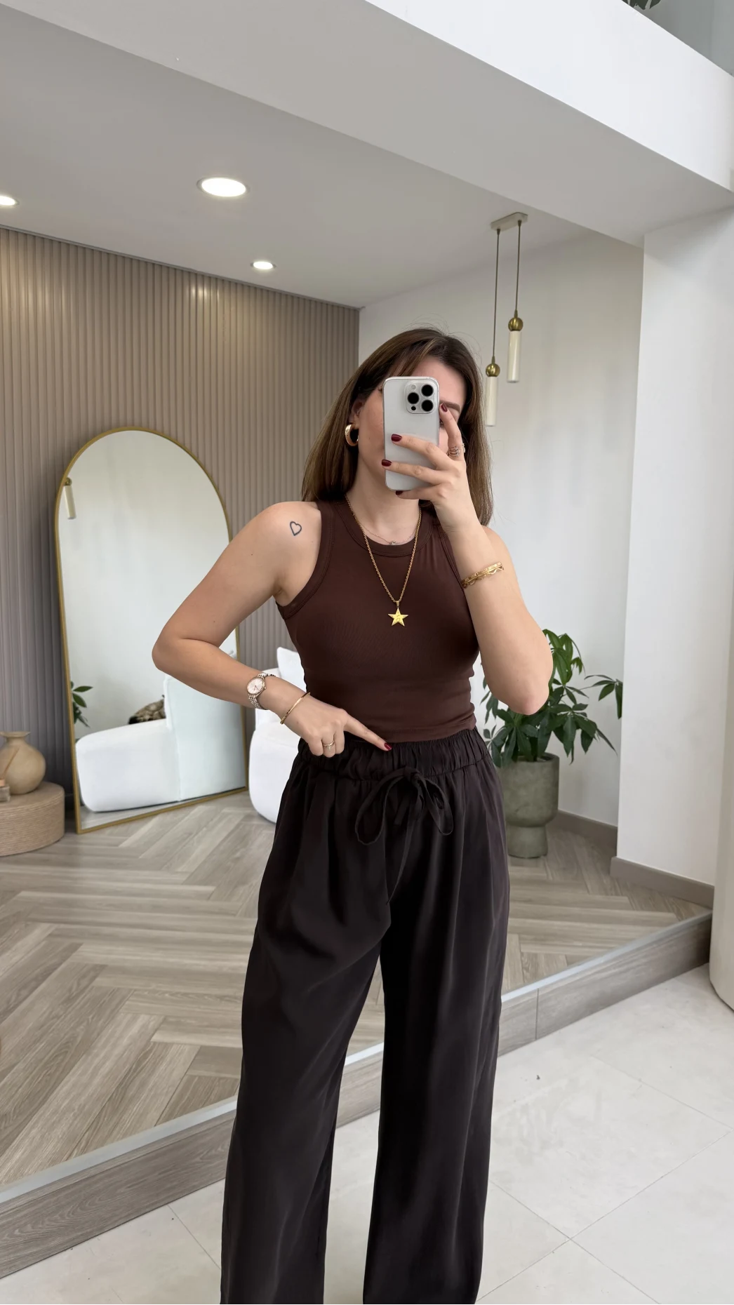 Menessa Bol Paça Beli Lastikli Pantolon - Acı Kahve - Kod: 3720