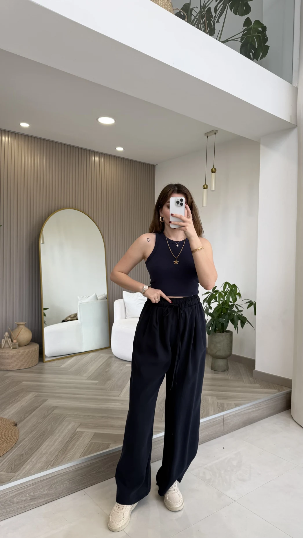 Menessa Bol Paça Beli Lastikli Pantolon - Lacivert - Kod: 3720