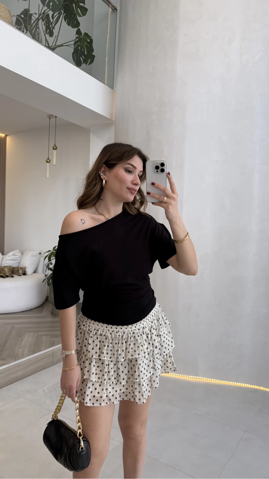 Nia Puantiye Desenli Şifon Mini Etek - Krem - 01427