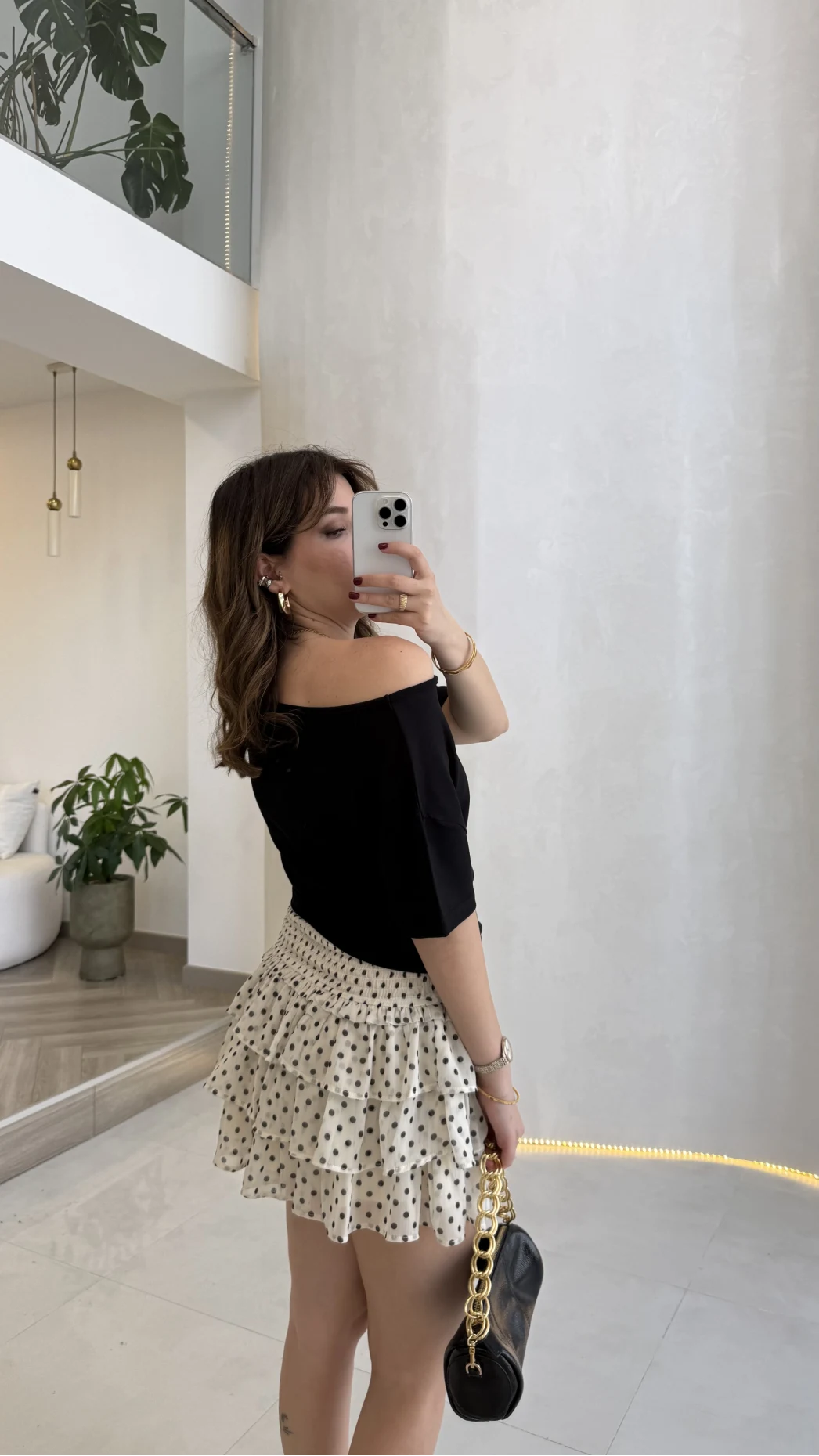 Nia Puantiye Desenli Şifon Mini Etek - Krem - 01427