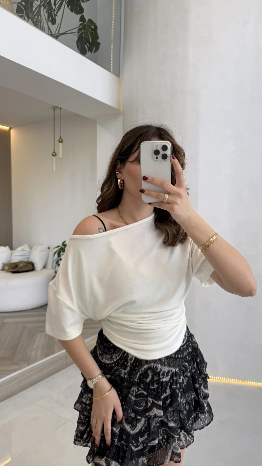 Leona Pamuk Kumaş Beli Büzgülü T-shirt - Ekru - Kod: 6996