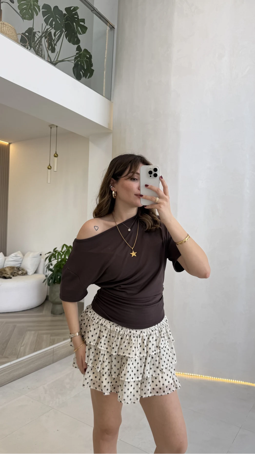 Leona Pamuk Kumaş Beli Büzgülü T-shirt - Kahverengi - Kod: 6996