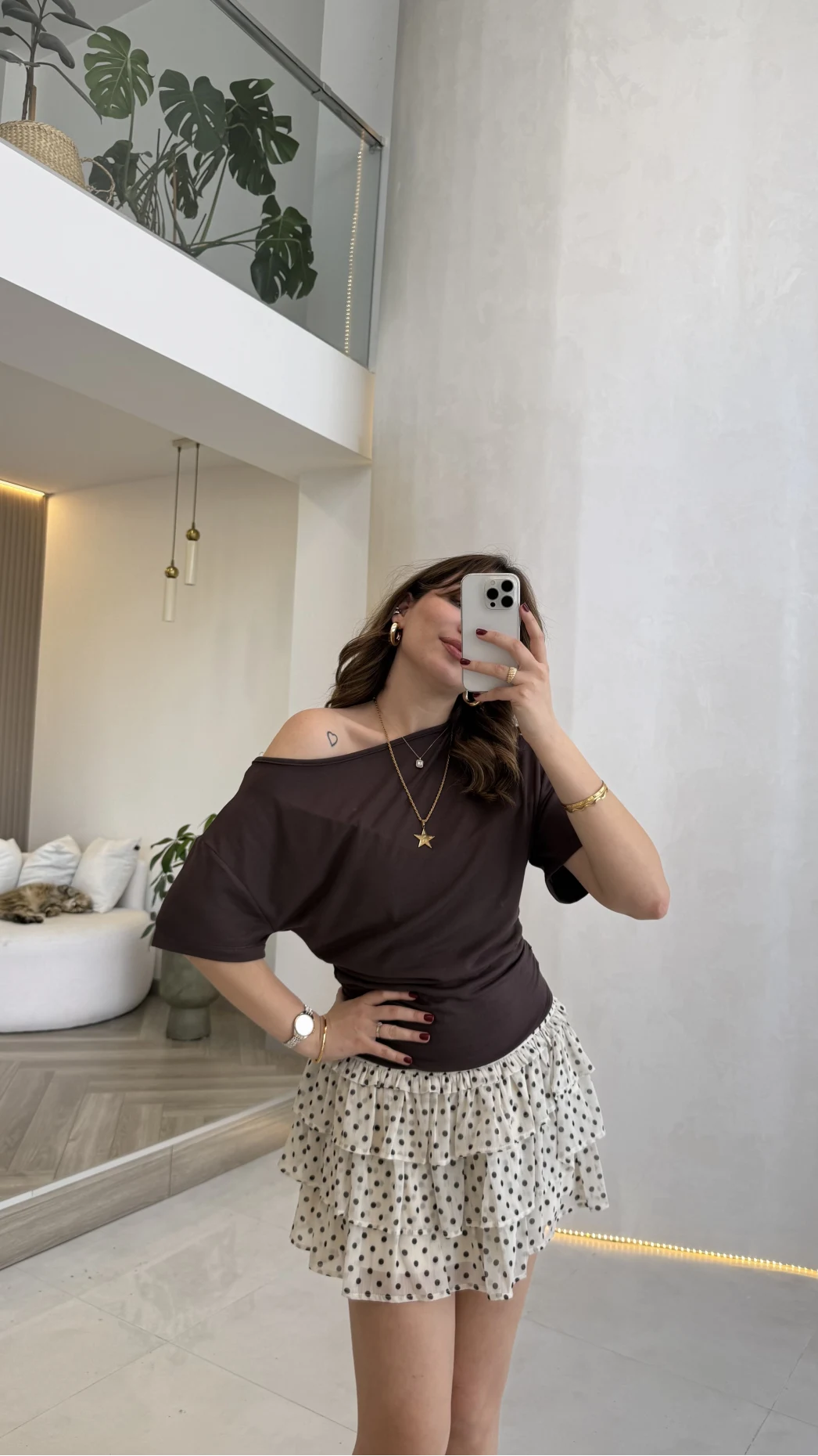 Leona Pamuk Kumaş Beli Büzgülü T-shirt - Kahverengi - Kod: 6996