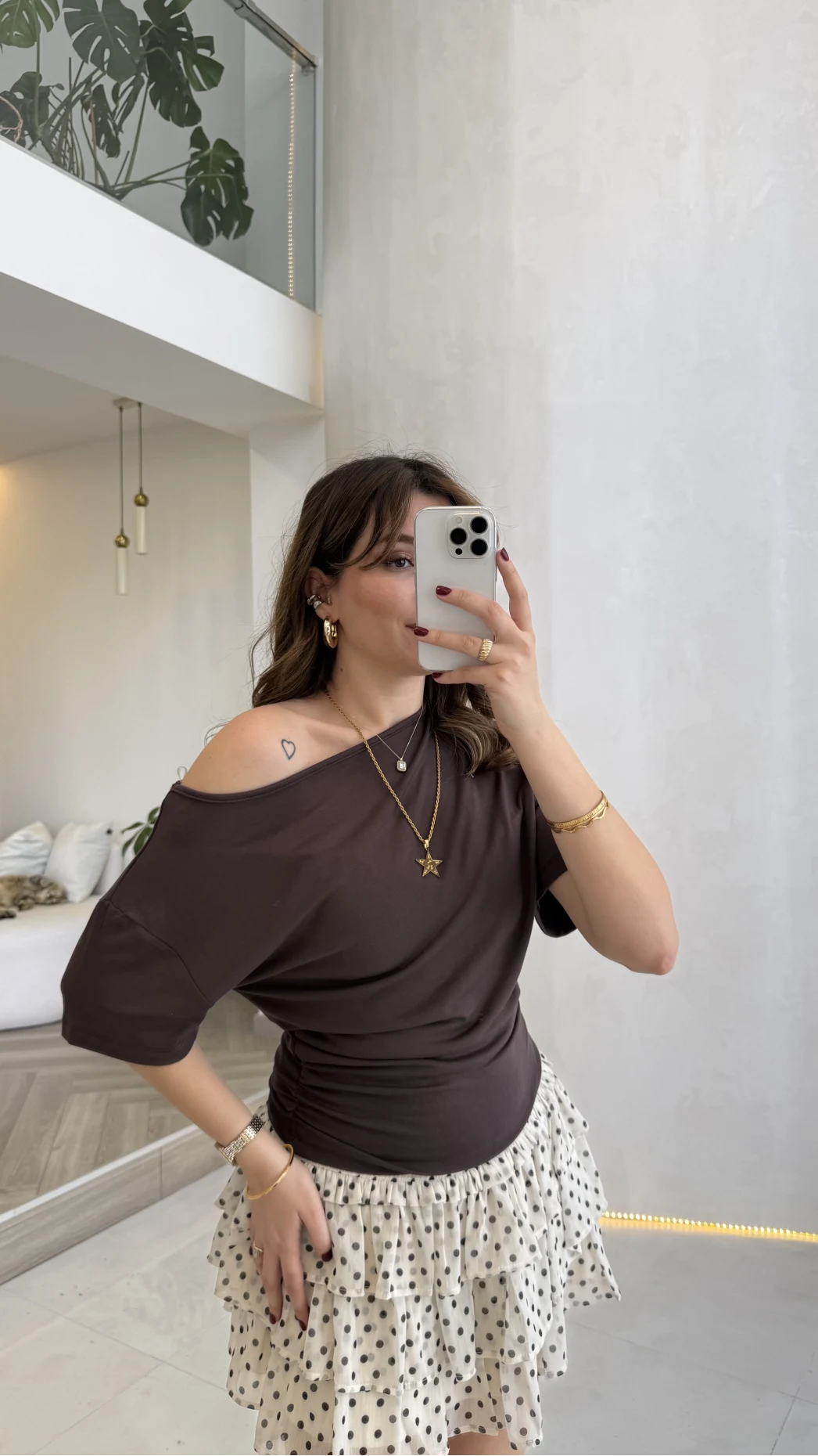 Leona Pamuk Kumaş Beli Büzgülü T-shirt - Kahverengi - Kod: 6996