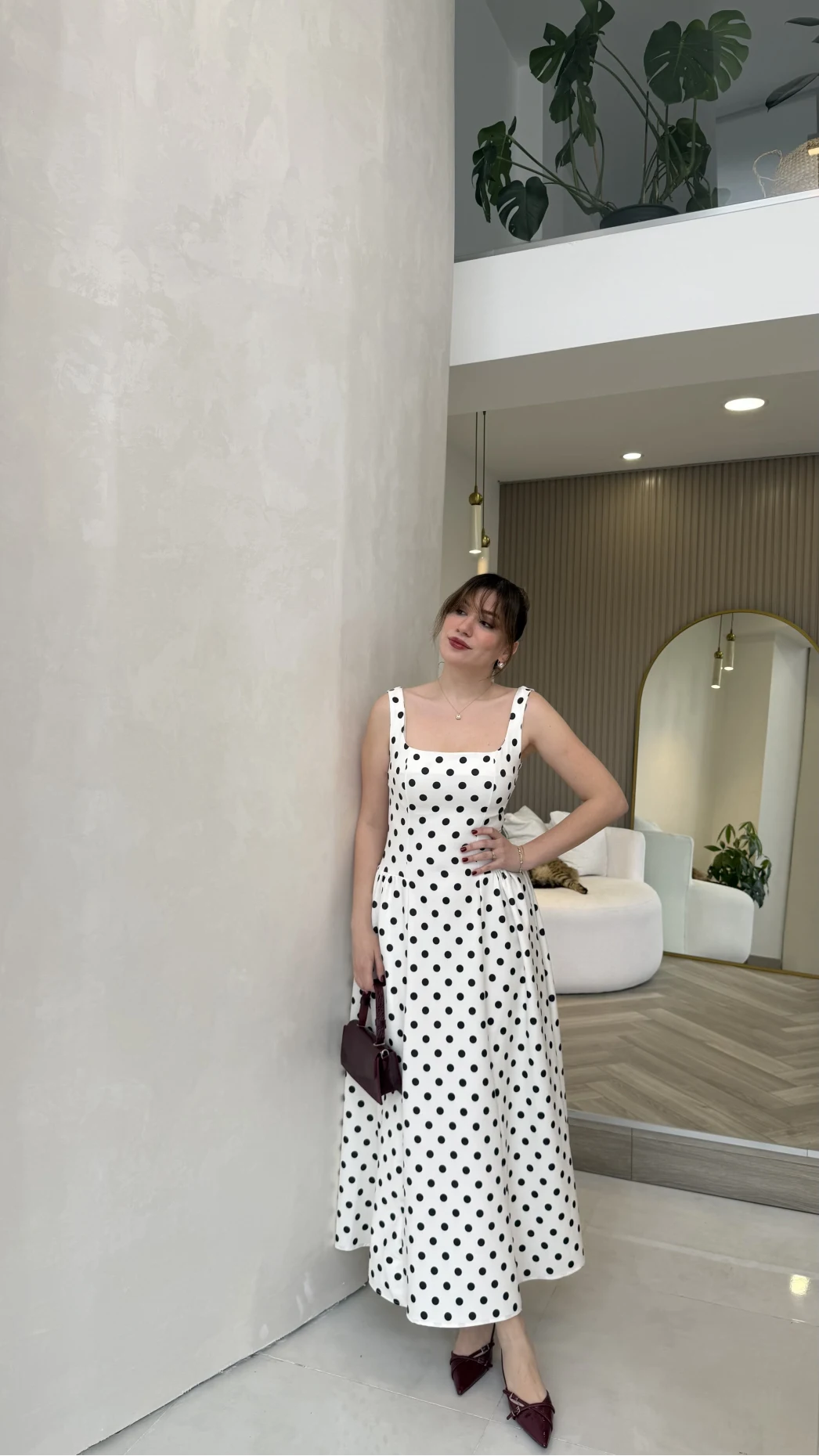 Askılı Puantiye Desenli Kloş Elbise - Ekru - Kod: 0344