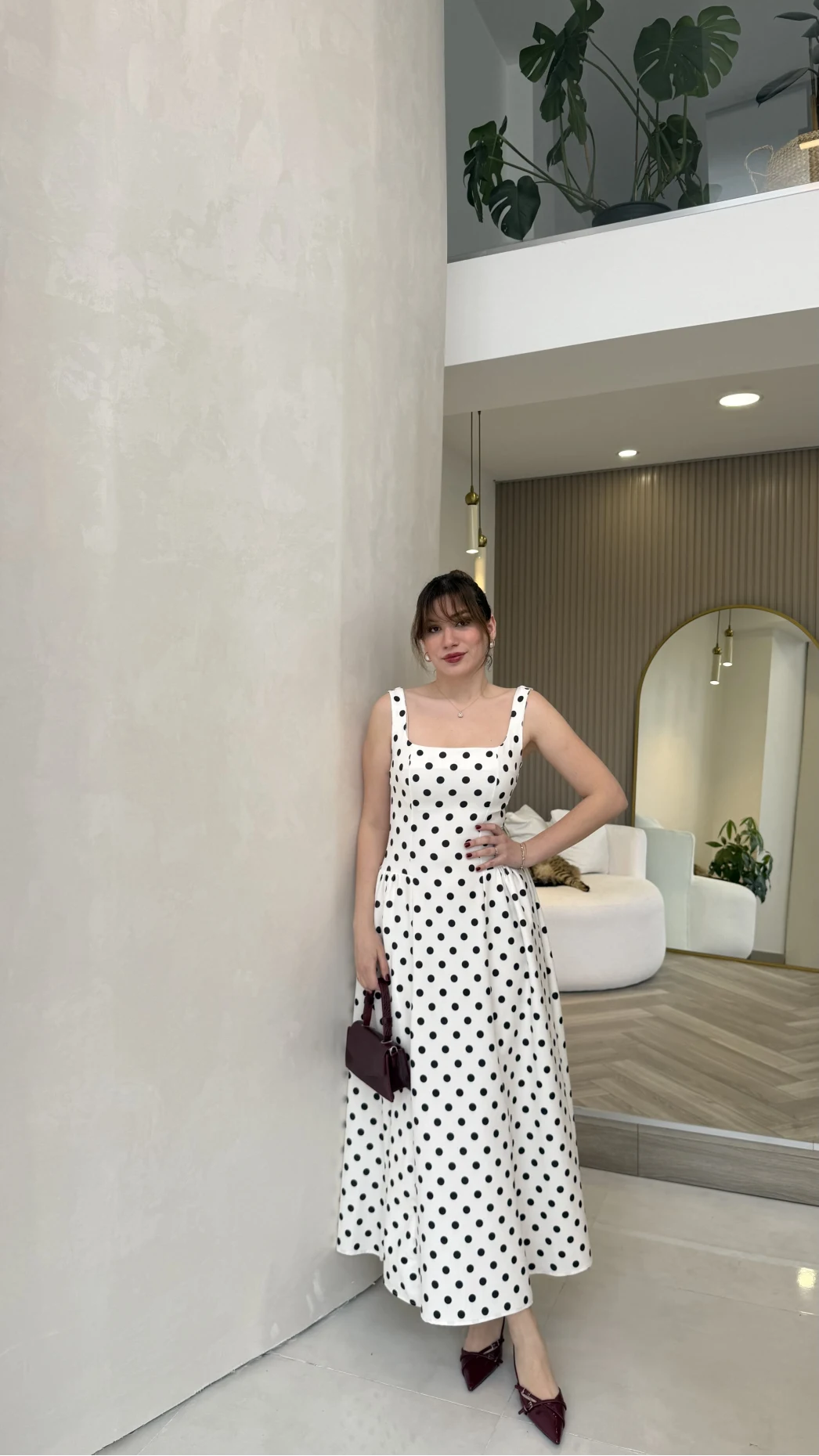 Askılı Puantiye Desenli Kloş Elbise - Ekru - Kod: 0344