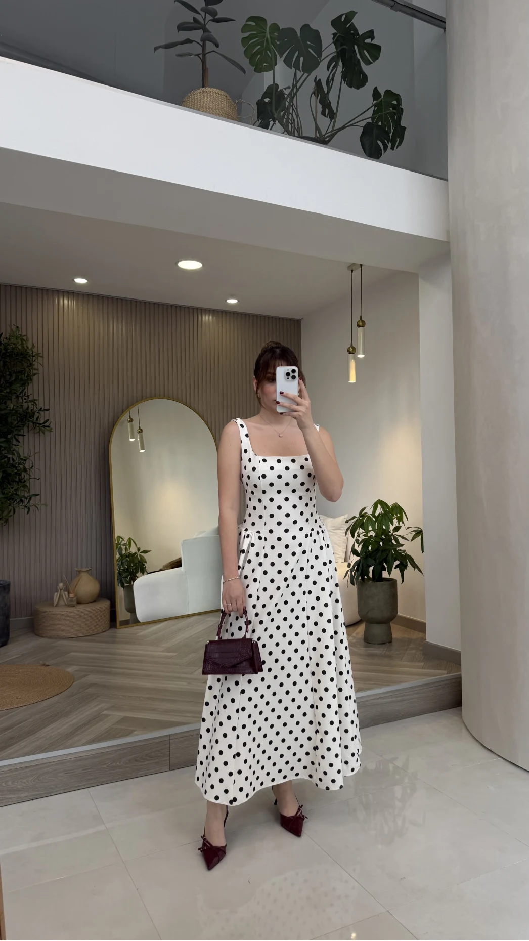 Askılı Puantiye Desenli Kloş Elbise - Ekru - Kod: 0344