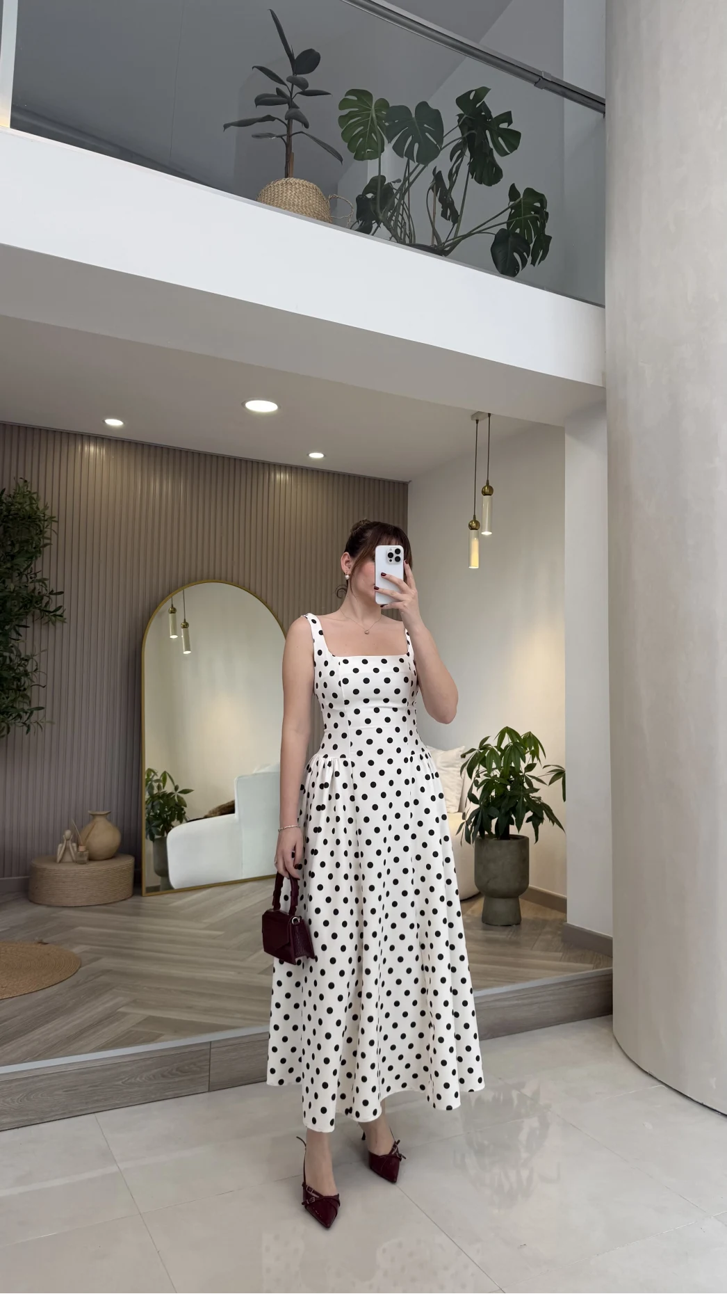 Askılı Puantiye Desenli Kloş Elbise - Ekru - Kod: 0344