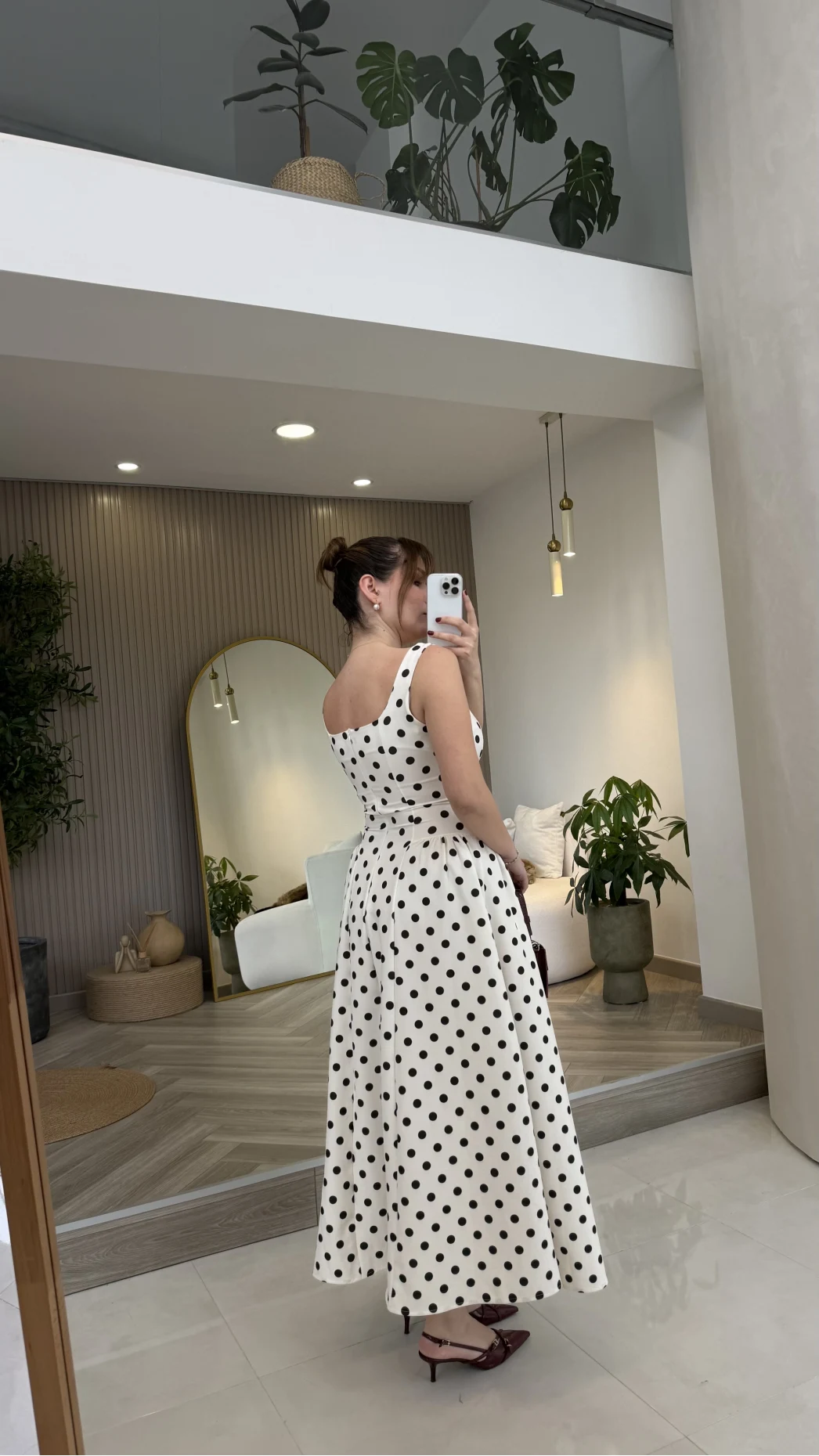 Askılı Puantiye Desenli Kloş Elbise - Ekru - Kod: 0344