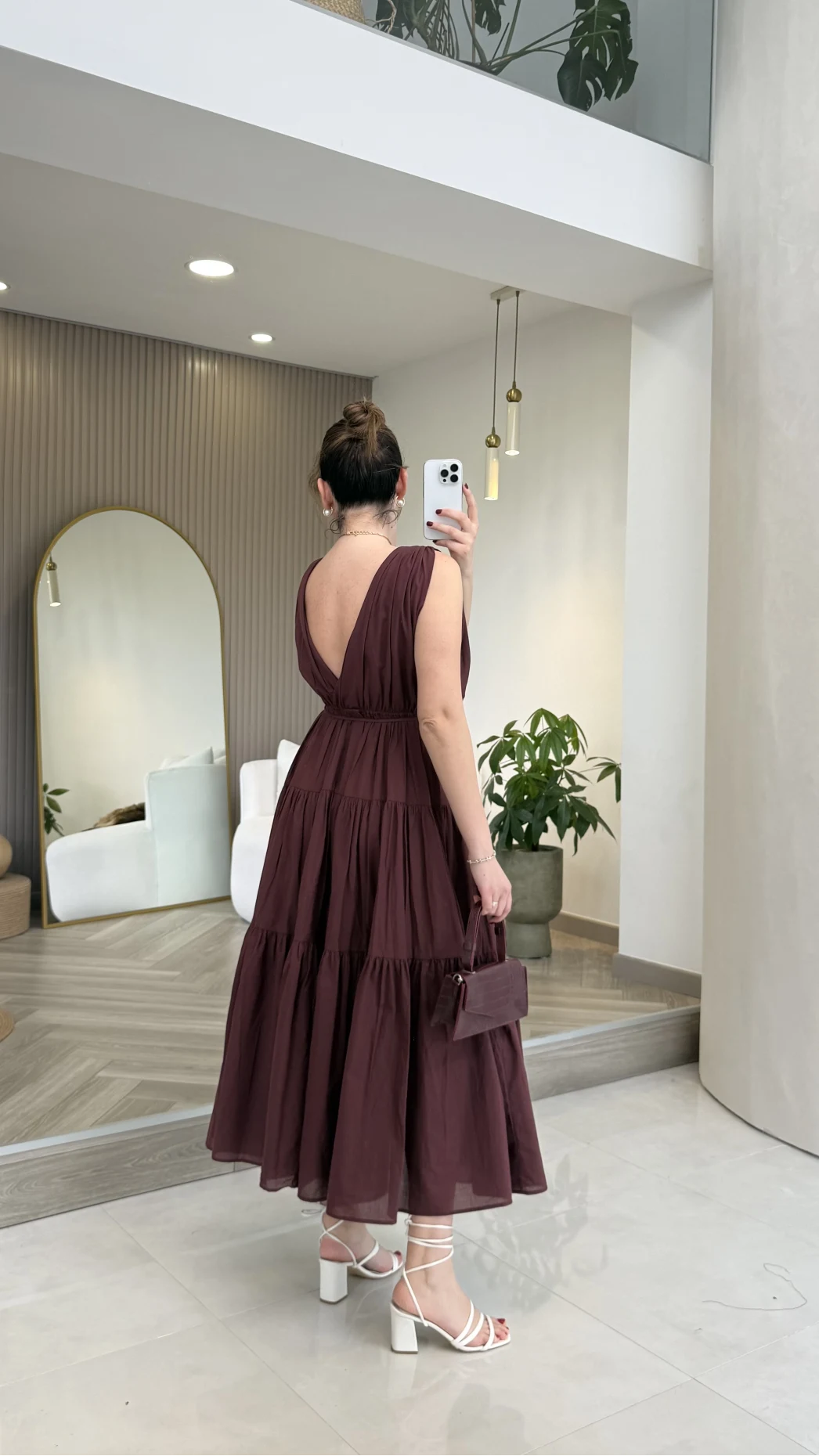 Kaylee V Yaka Bağcıklı Pamuklu Elbise - Bordo - Kod: 052