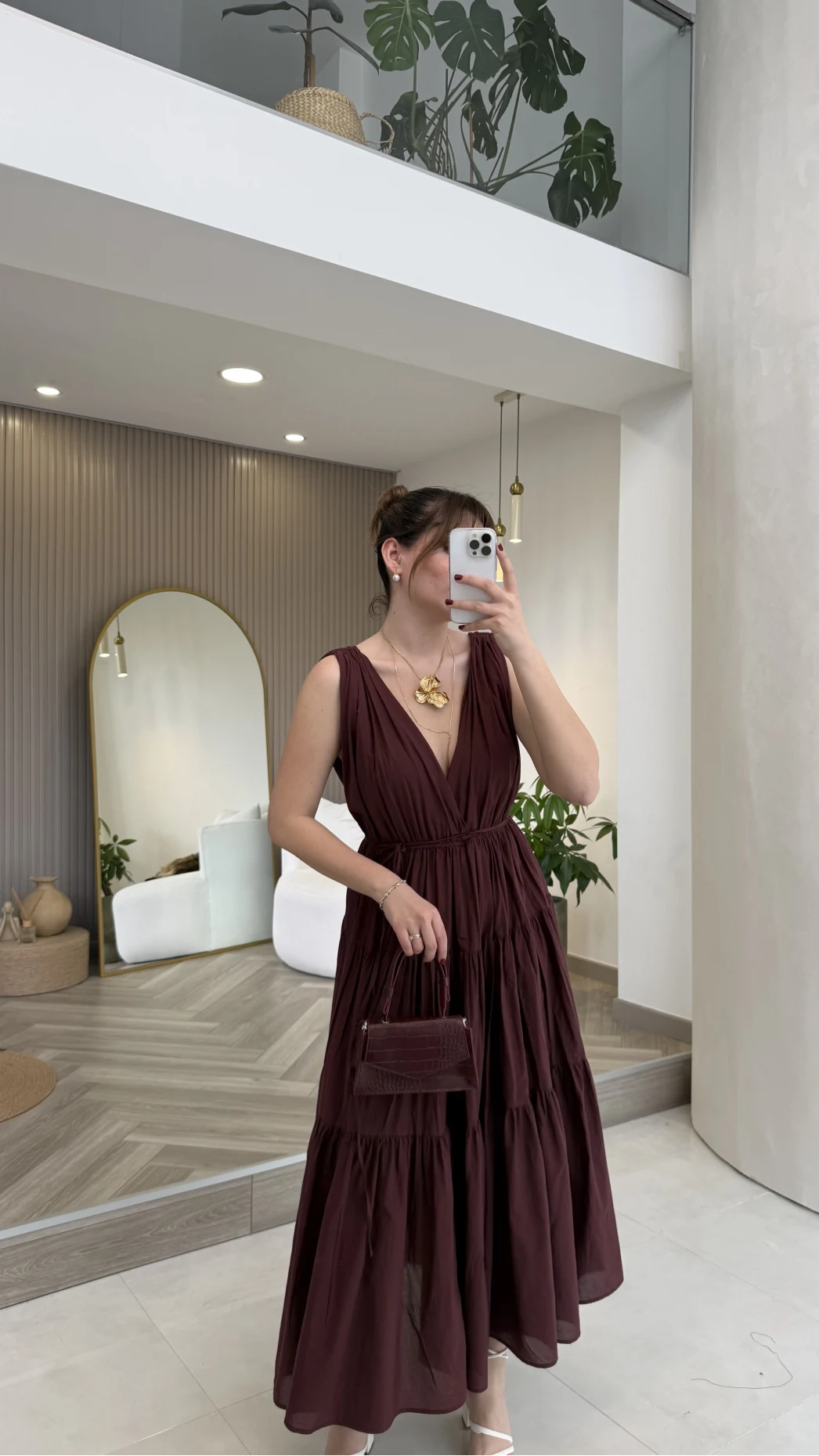 Kaylee V Yaka Bağcıklı Pamuklu Elbise - Bordo - Kod: 052