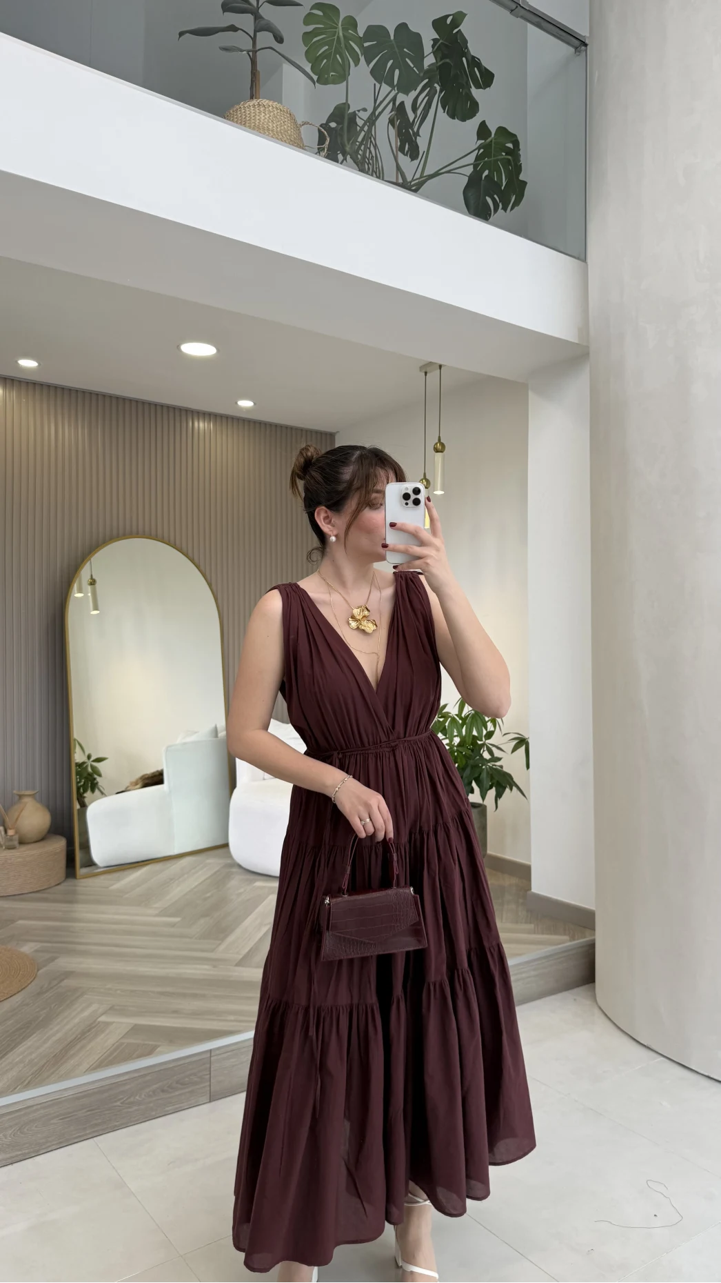 Kaylee V Yaka Bağcıklı Pamuklu Elbise - Bordo - Kod: 052