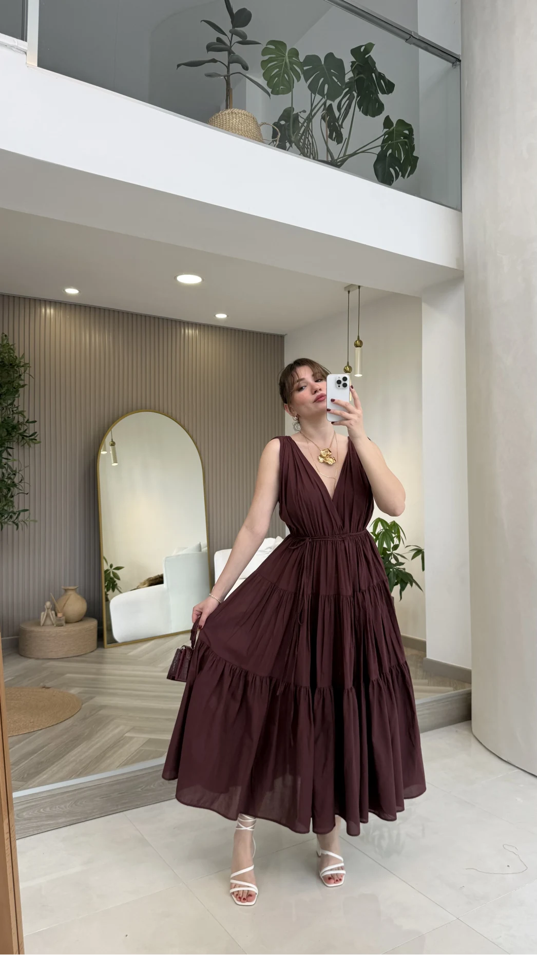 Kaylee V Yaka Bağcıklı Pamuklu Elbise - Bordo - Kod: 052