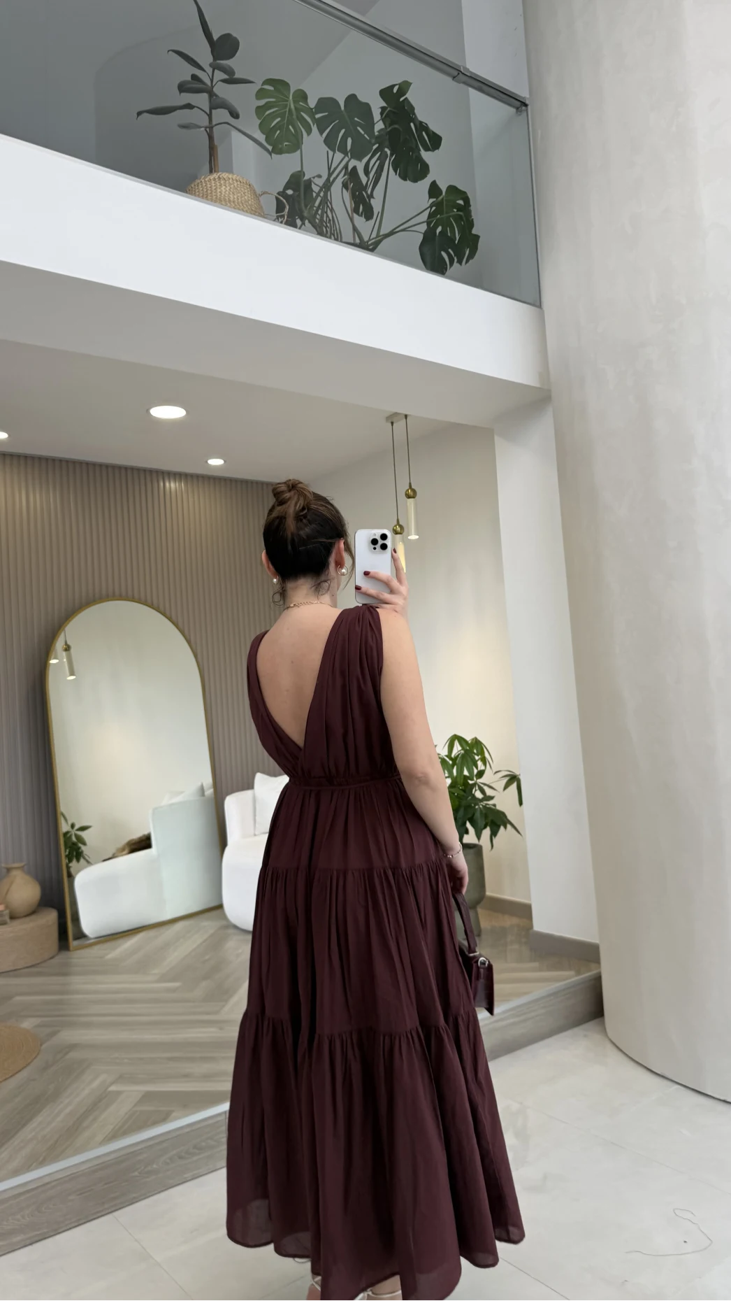 Kaylee V Yaka Bağcıklı Pamuklu Elbise - Bordo - Kod: 052