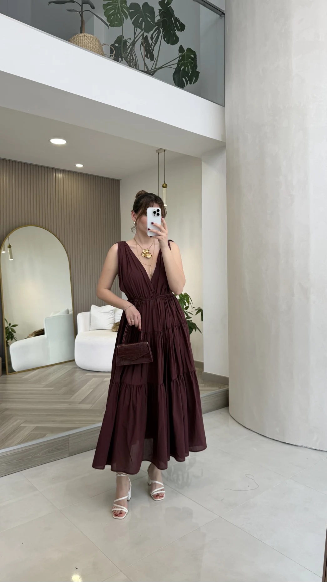 Kaylee V Yaka Bağcıklı Pamuklu Elbise - Bordo - Kod: 052