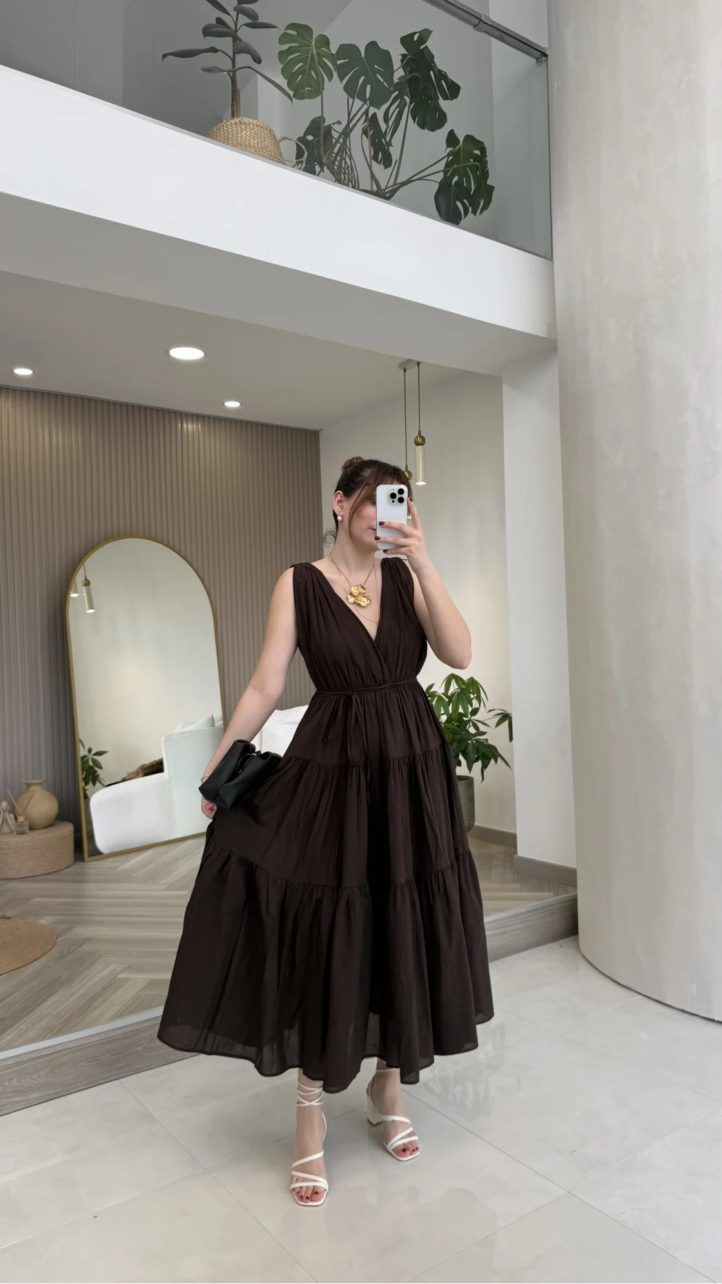 Kaylee V Yaka Bağcıklı Pamuklu Elbise - Kahve - Kod: 052