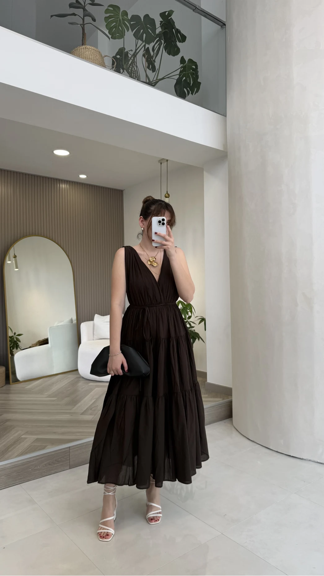 Kaylee V Yaka Bağcıklı Pamuklu Elbise - Kahve - Kod: 052