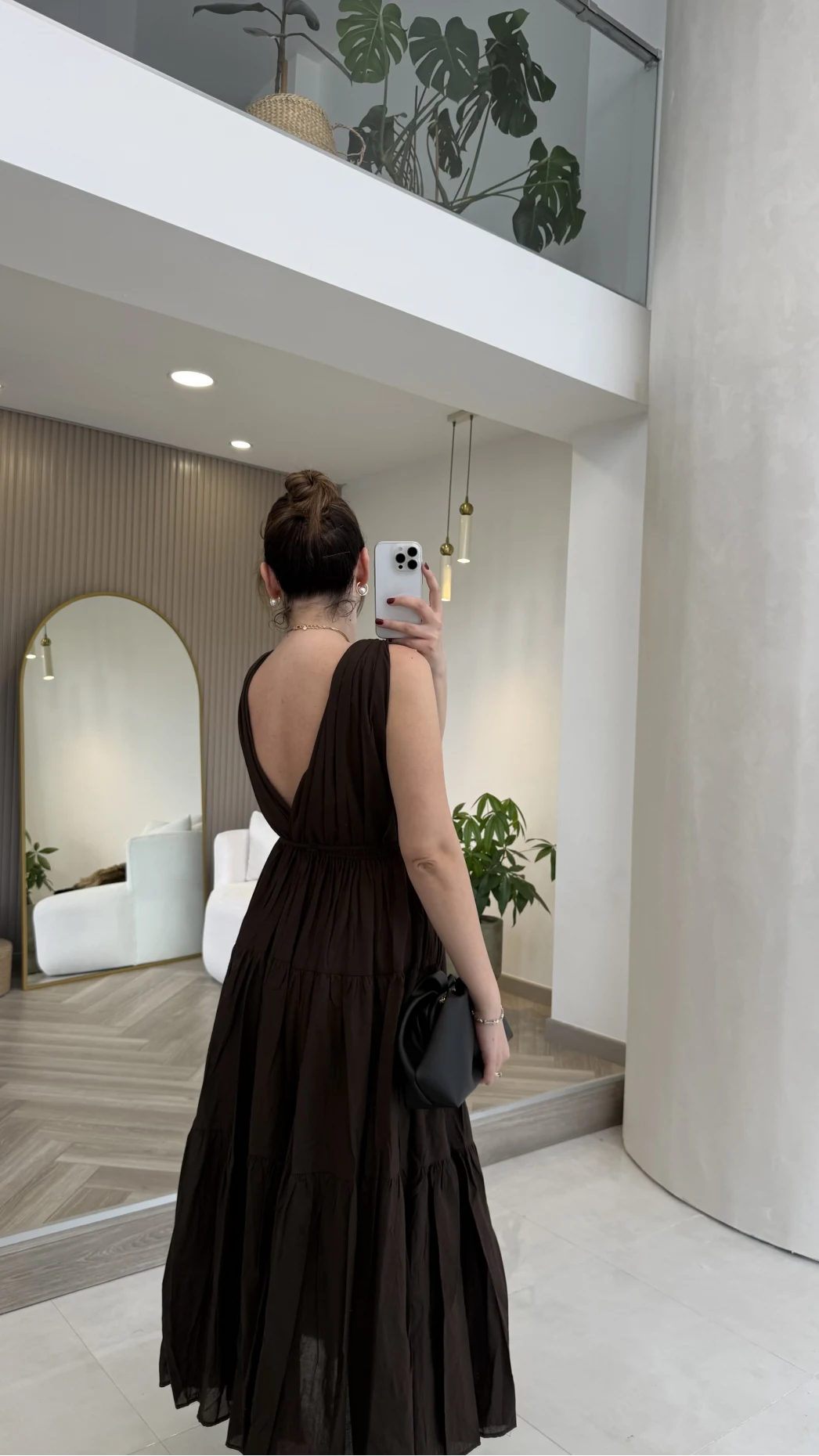 Kaylee V Yaka Bağcıklı Pamuklu Elbise - Kahve - Kod: 052