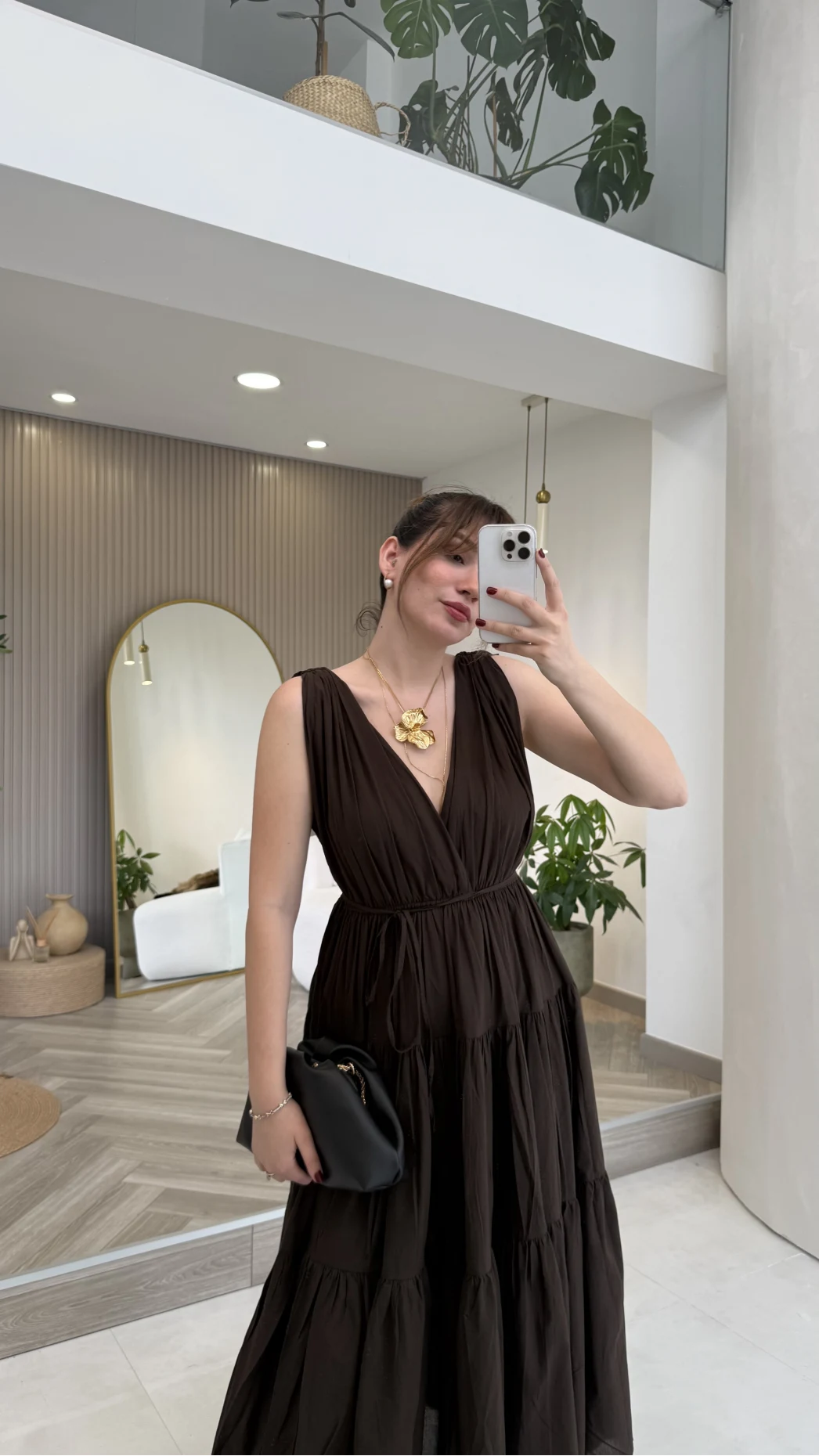 Kaylee V Yaka Bağcıklı Pamuklu Elbise - Kahve - Kod: 052