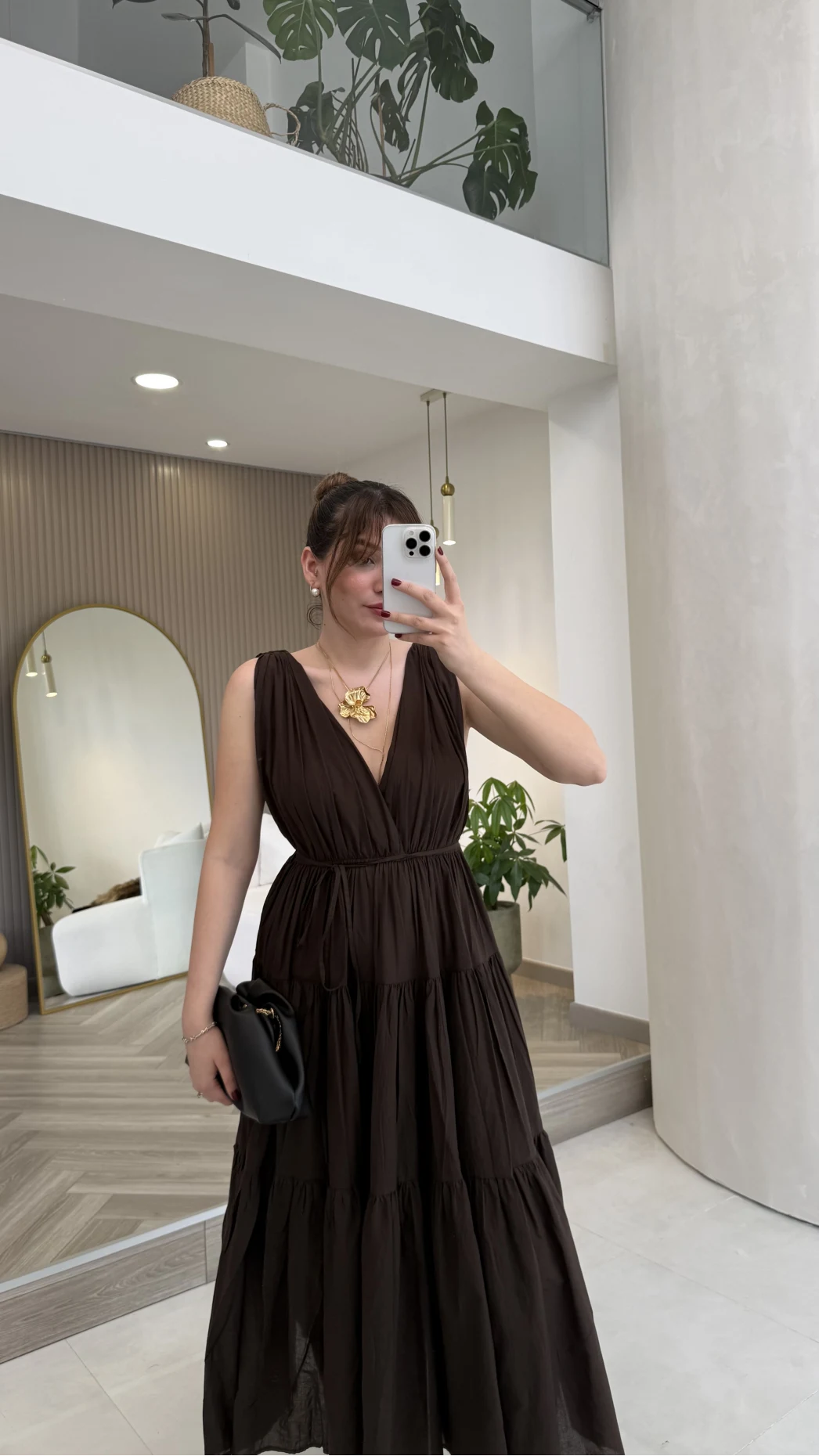 Kaylee V Yaka Bağcıklı Pamuklu Elbise - Kahve - Kod: 052