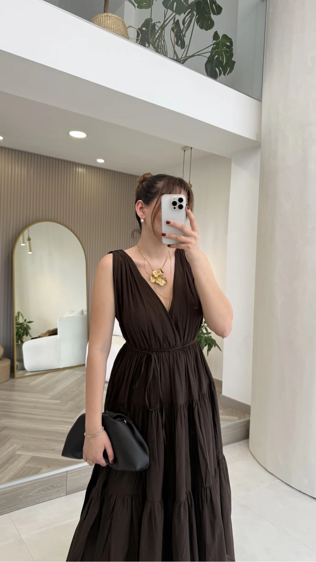 Kaylee V Yaka Bağcıklı Pamuklu Elbise - Kahve - Kod: 052