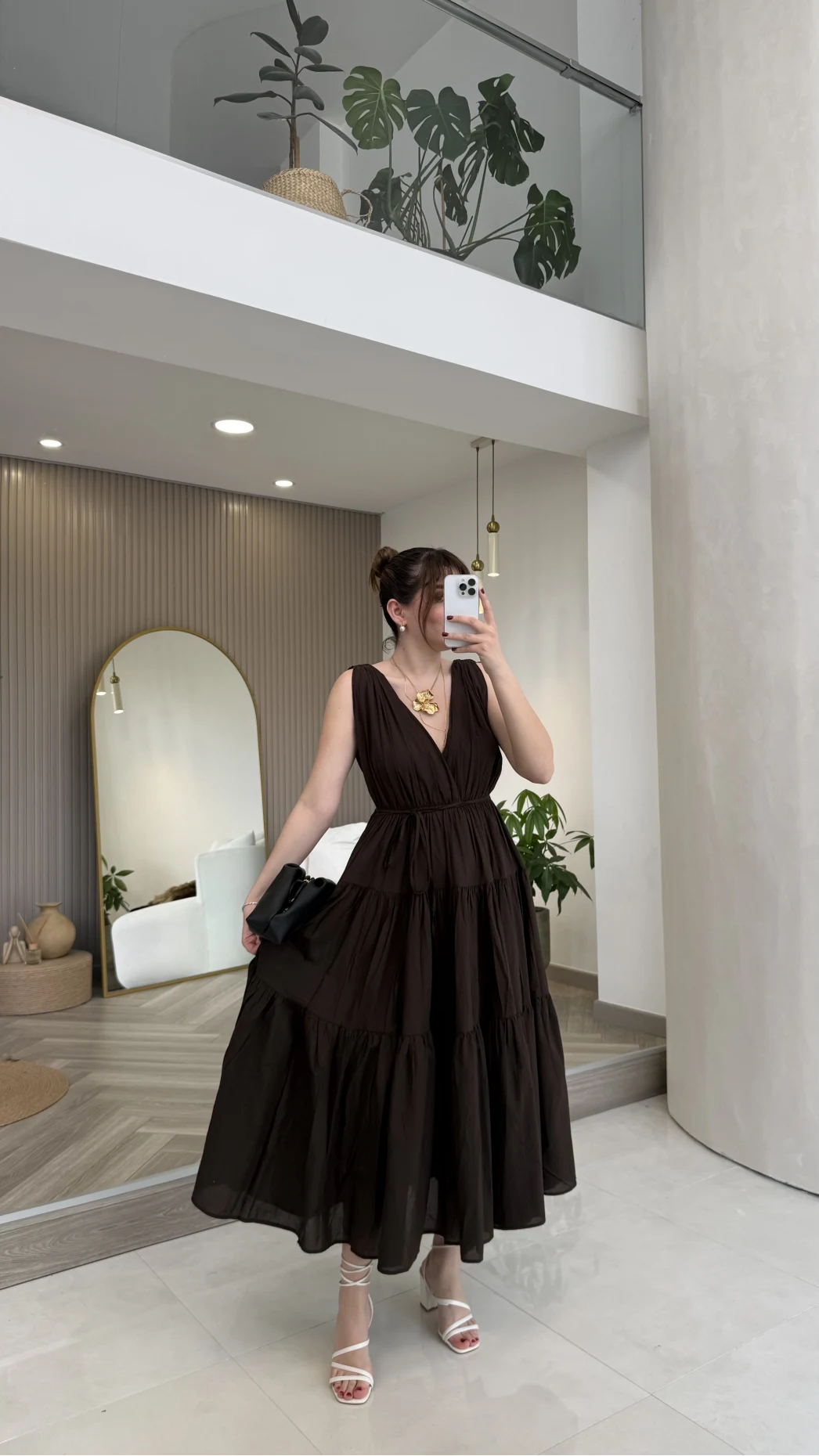 Kaylee V Yaka Bağcıklı Pamuklu Elbise - Kahve - Kod: 052