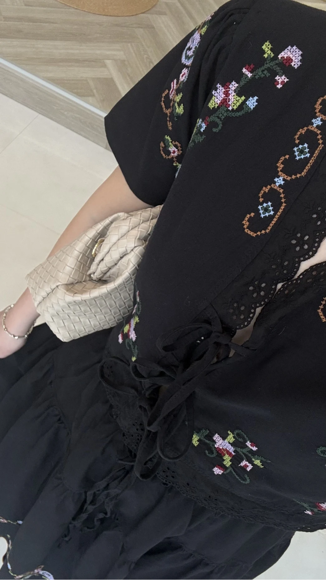 Renkli Nakış Yıkamalı Keten Kumaş Bluz Etek Takım - Siyah