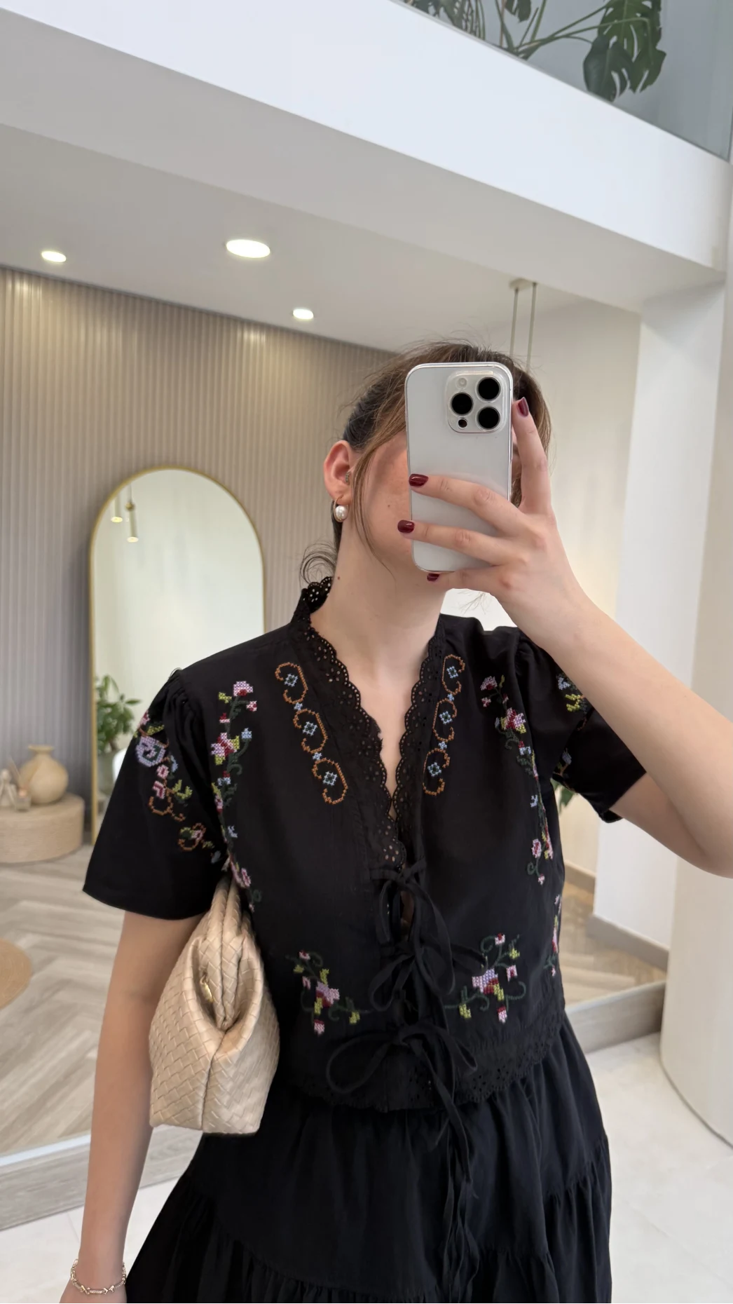 Renkli Nakış Yıkamalı Keten Kumaş Bluz Etek Takım - Siyah