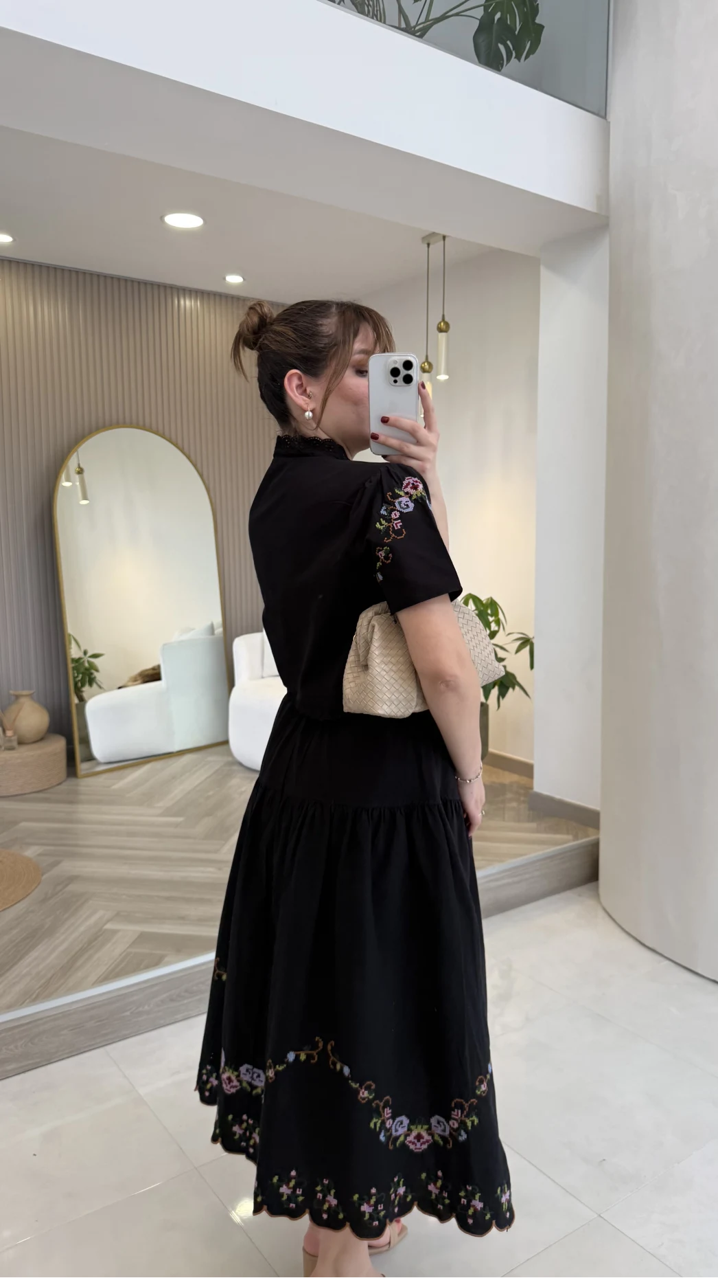 Renkli Nakış Yıkamalı Keten Kumaş Bluz Etek Takım - Siyah