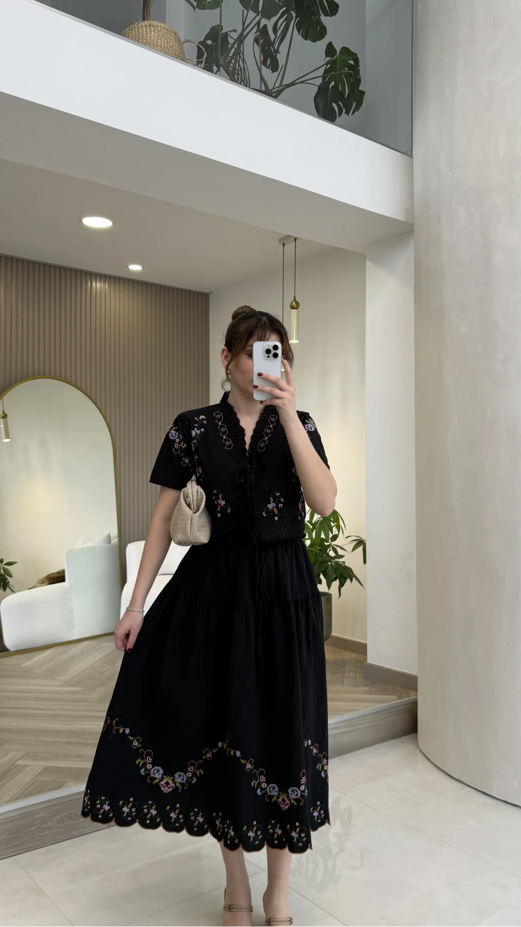 Renkli Nakış Yıkamalı Keten Kumaş Bluz Etek Takım - Siyah