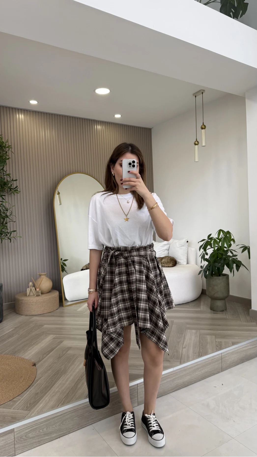 Bağlamalı Ekose Desenli Mini Etek - Kahverengi - Kod: 8460