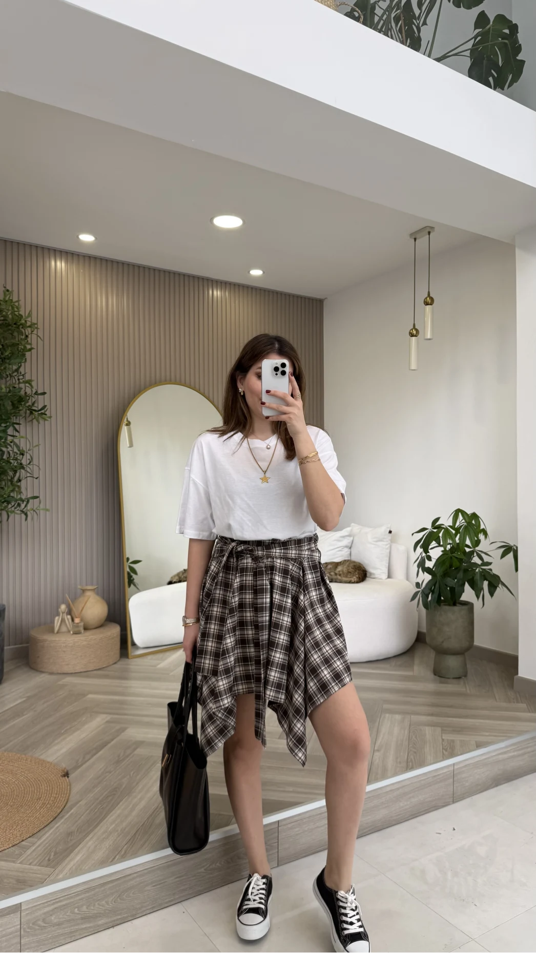 Bağlamalı Ekose Desenli Mini Etek - Kahverengi - Kod: 8460