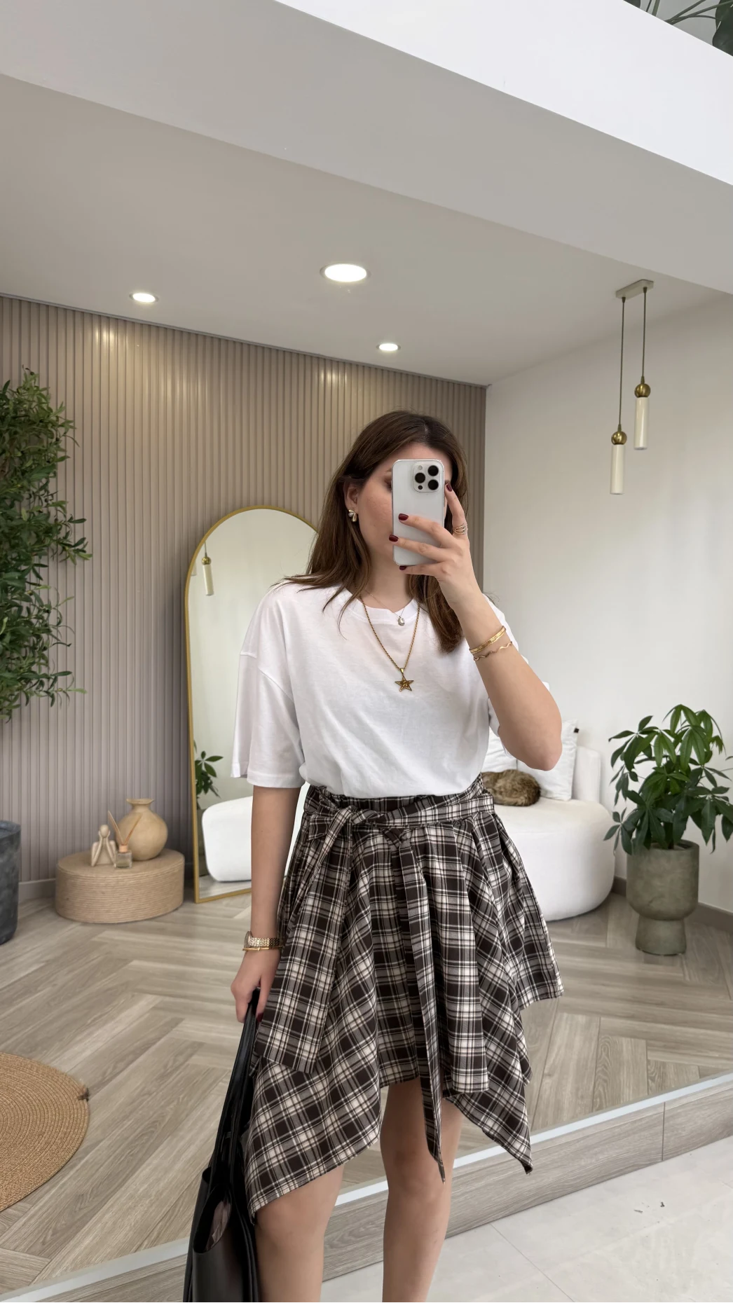 Bağlamalı Ekose Desenli Mini Etek - Kahverengi - Kod: 8460