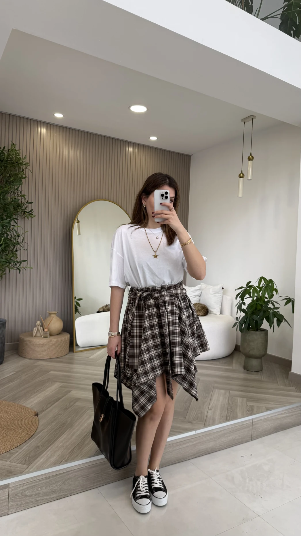 Bağlamalı Ekose Desenli Mini Etek - Kahverengi - Kod: 8460