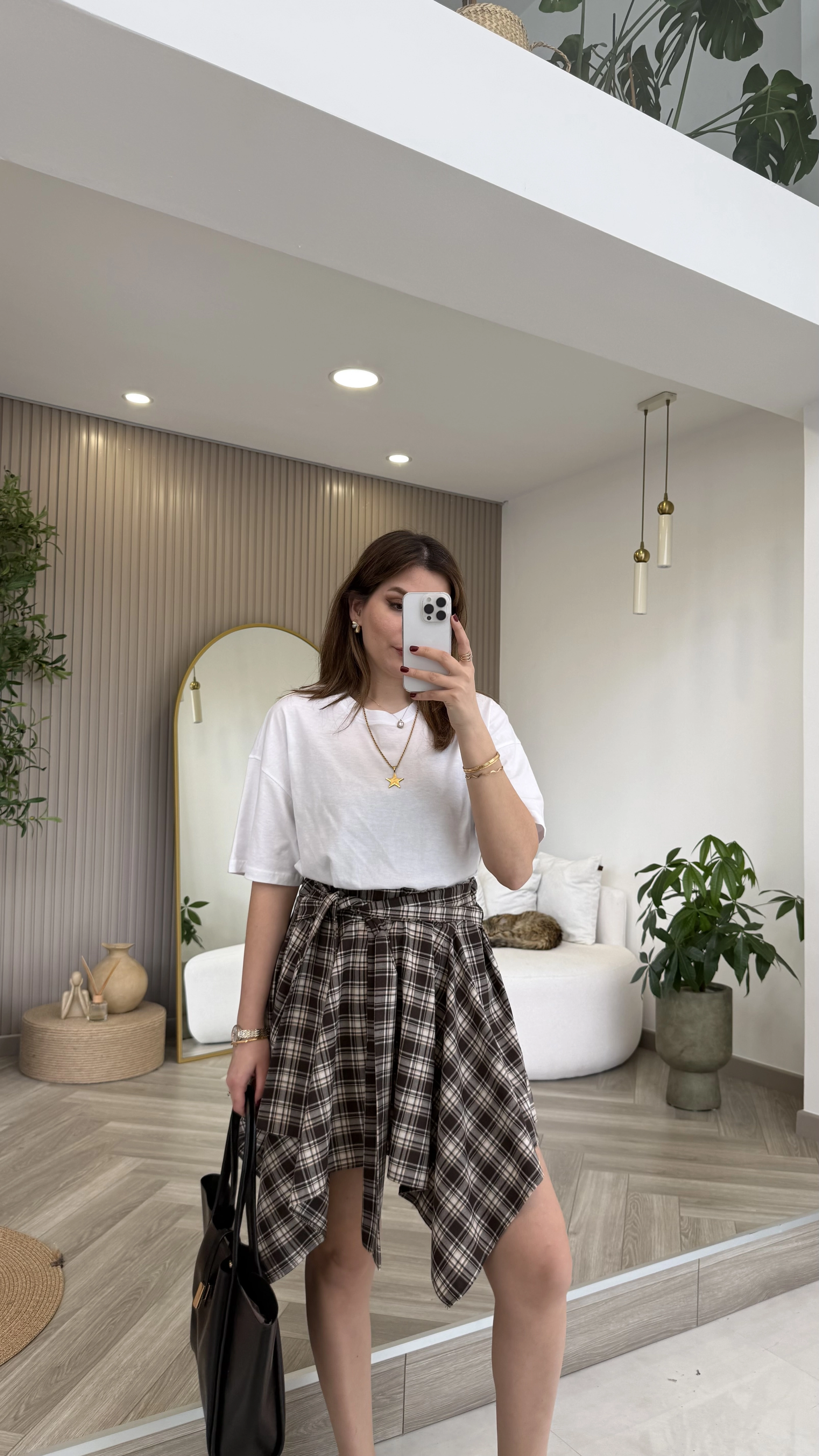 Bağlamalı Ekose Desenli Mini Etek - Kahverengi - Kod: 8460