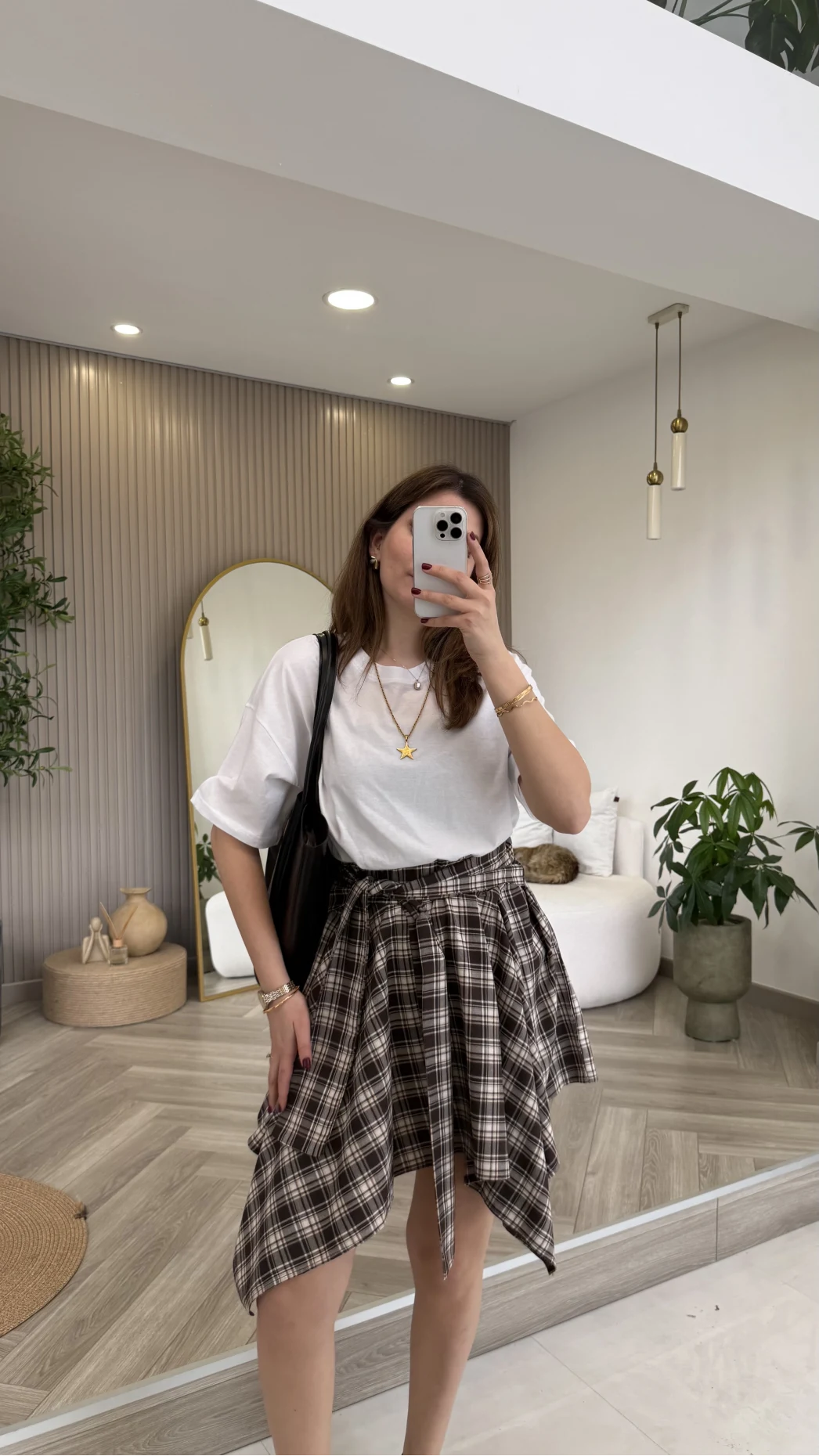 Bağlamalı Ekose Desenli Mini Etek - Kahverengi - Kod: 8460