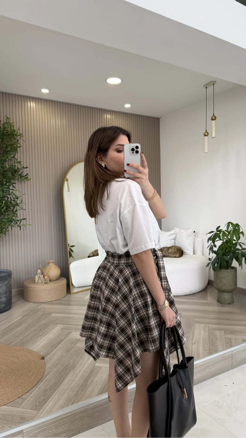 Bağlamalı Ekose Desenli Mini Etek - Kahverengi - Kod: 8460