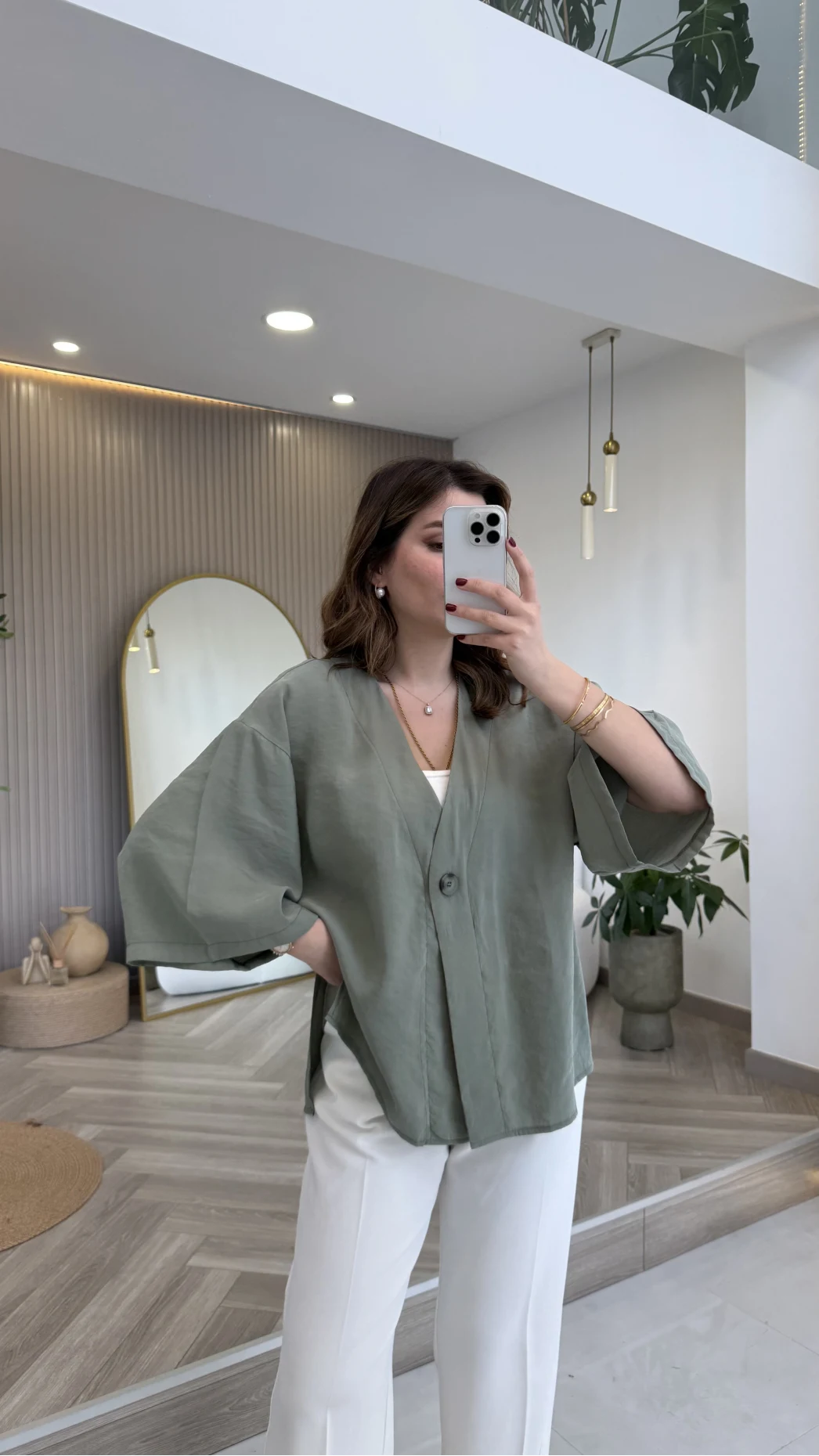 Önü Düğmeli Modal Gömlek - Çağla Yeşili - Kod: 4961