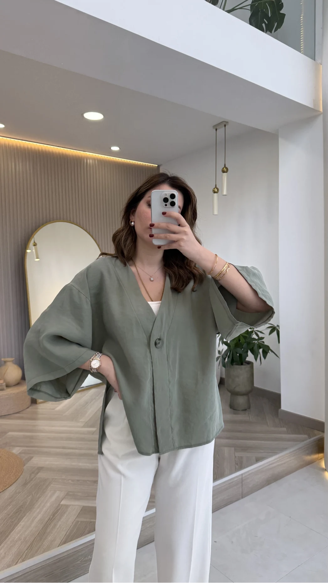 Önü Düğmeli Modal Gömlek - Çağla Yeşili - Kod: 4961