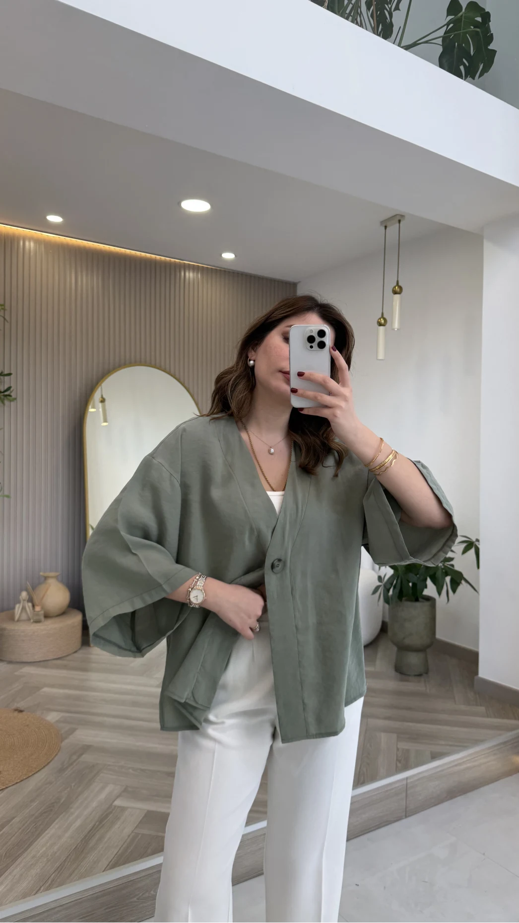 Önü Düğmeli Modal Gömlek - Çağla Yeşili - Kod: 4961