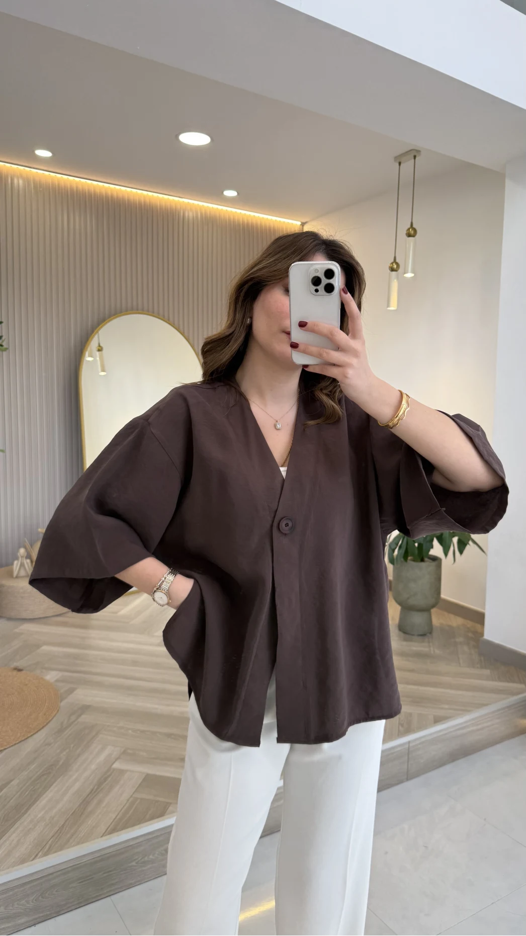 Önü Düğmeli Modal Gömlek - Koyu Kahve - Kod: 4961