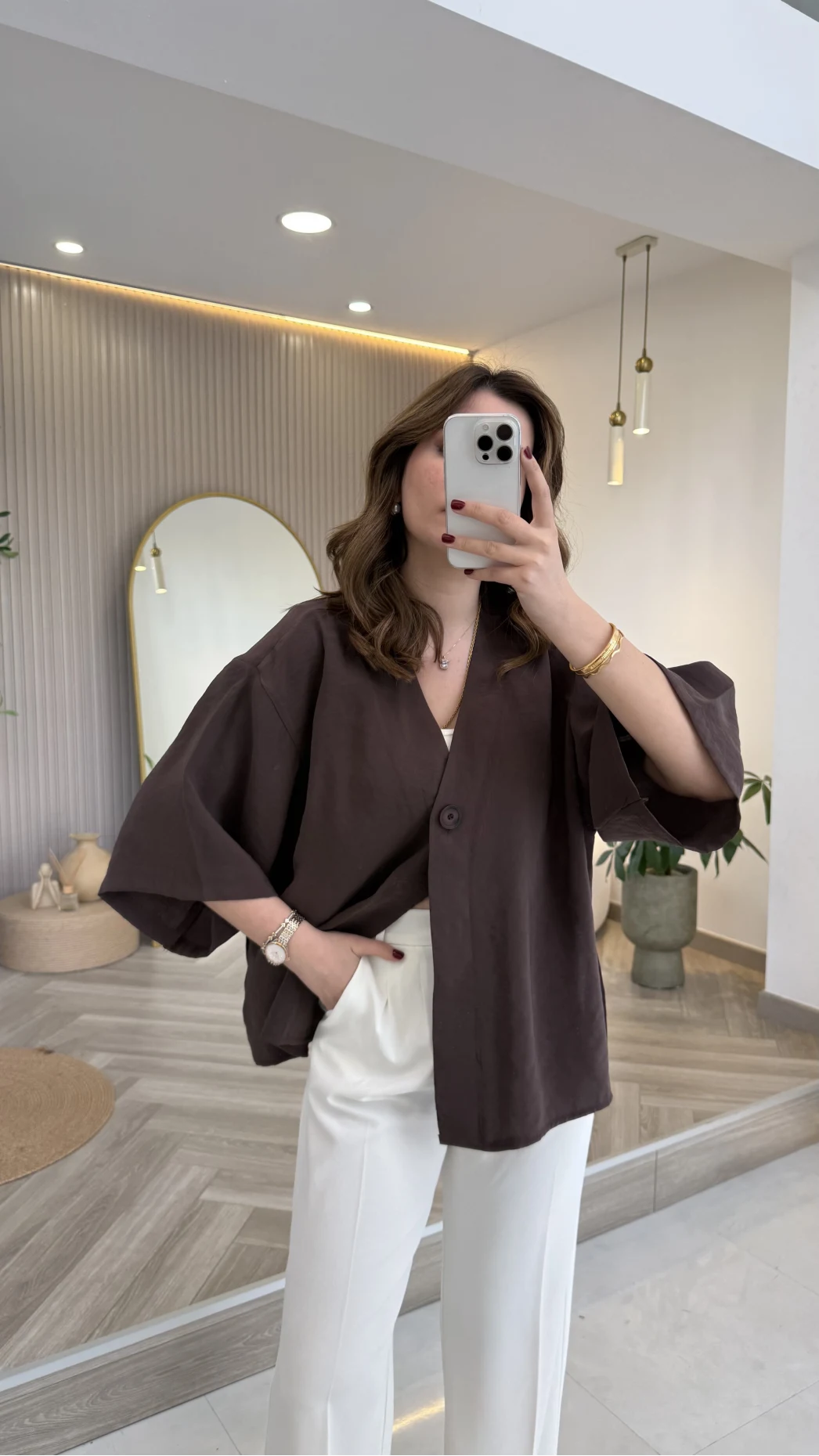 Önü Düğmeli Modal Gömlek - Koyu Kahve - Kod: 4961