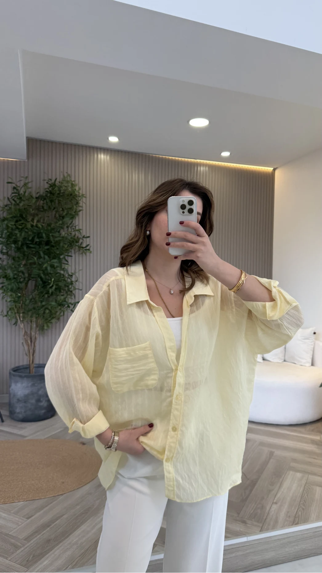 İnce Tek Cepli Çizgili Gömlek - Sarı - Kod: 5449