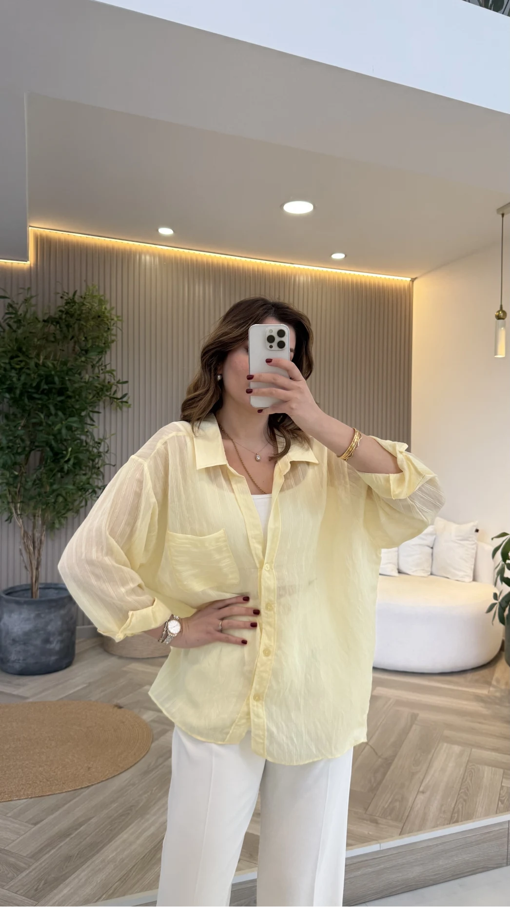 İnce Tek Cepli Çizgili Gömlek - Sarı - Kod: 5449